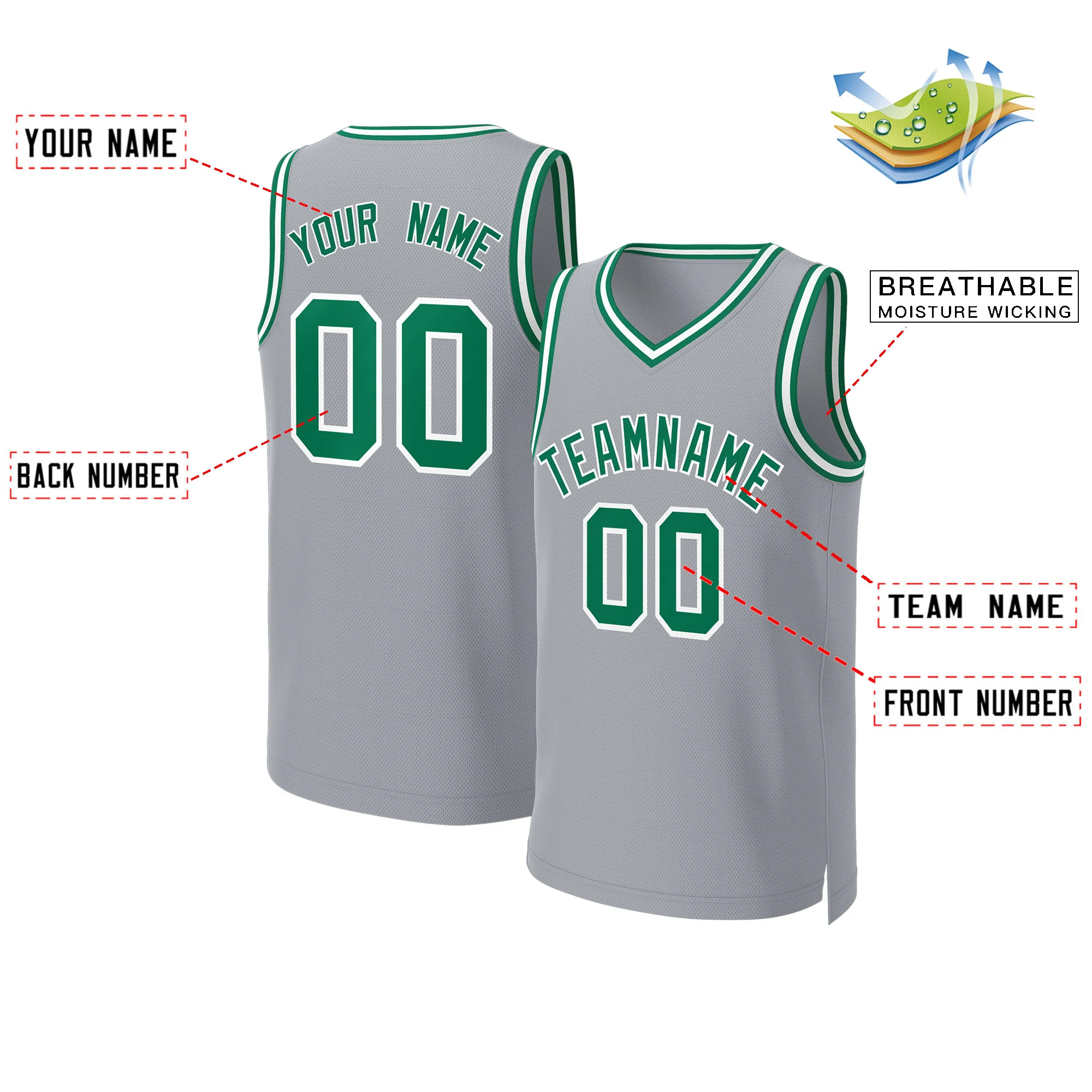 Custom Gray Kelly Green-White Classic Tops Basketball Jersey - Image 2