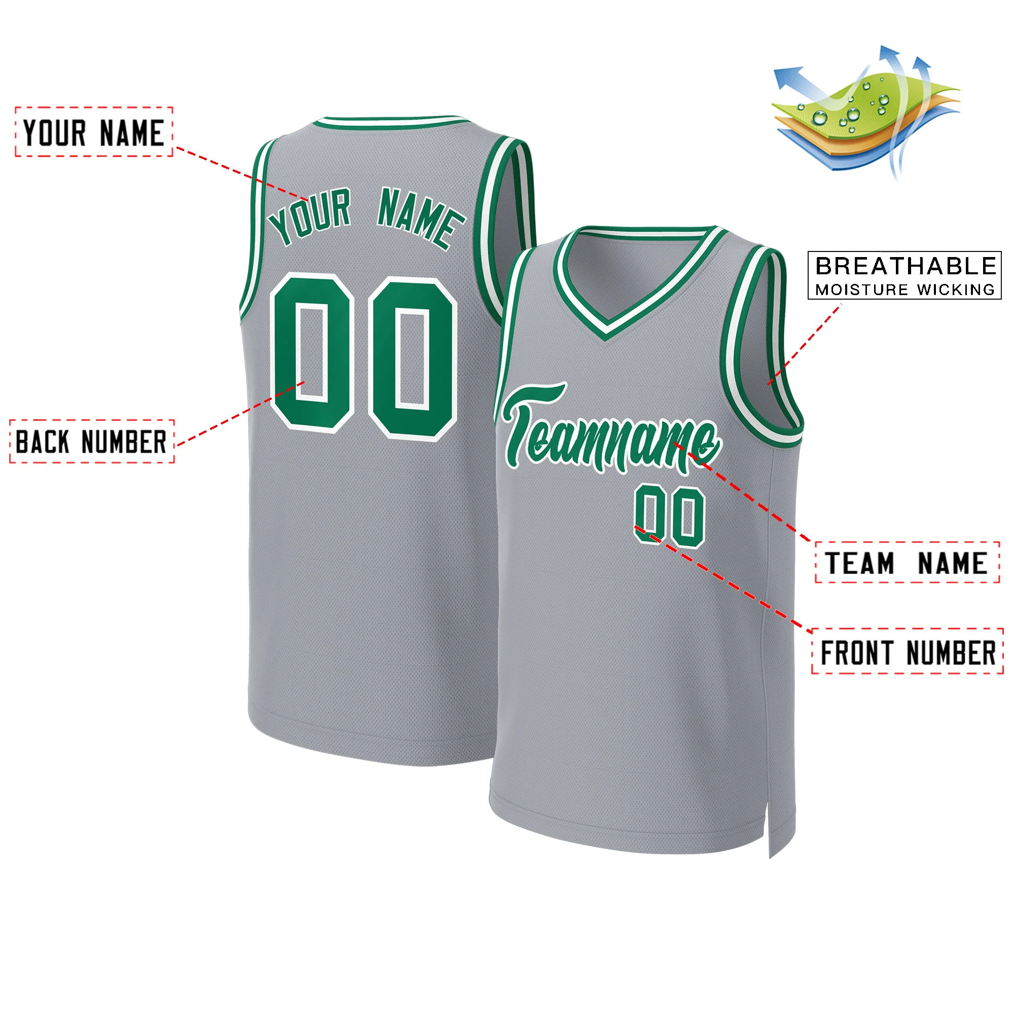 Custom Gray Kelly Green-White Classic Tops Basketball Jersey - Image 2