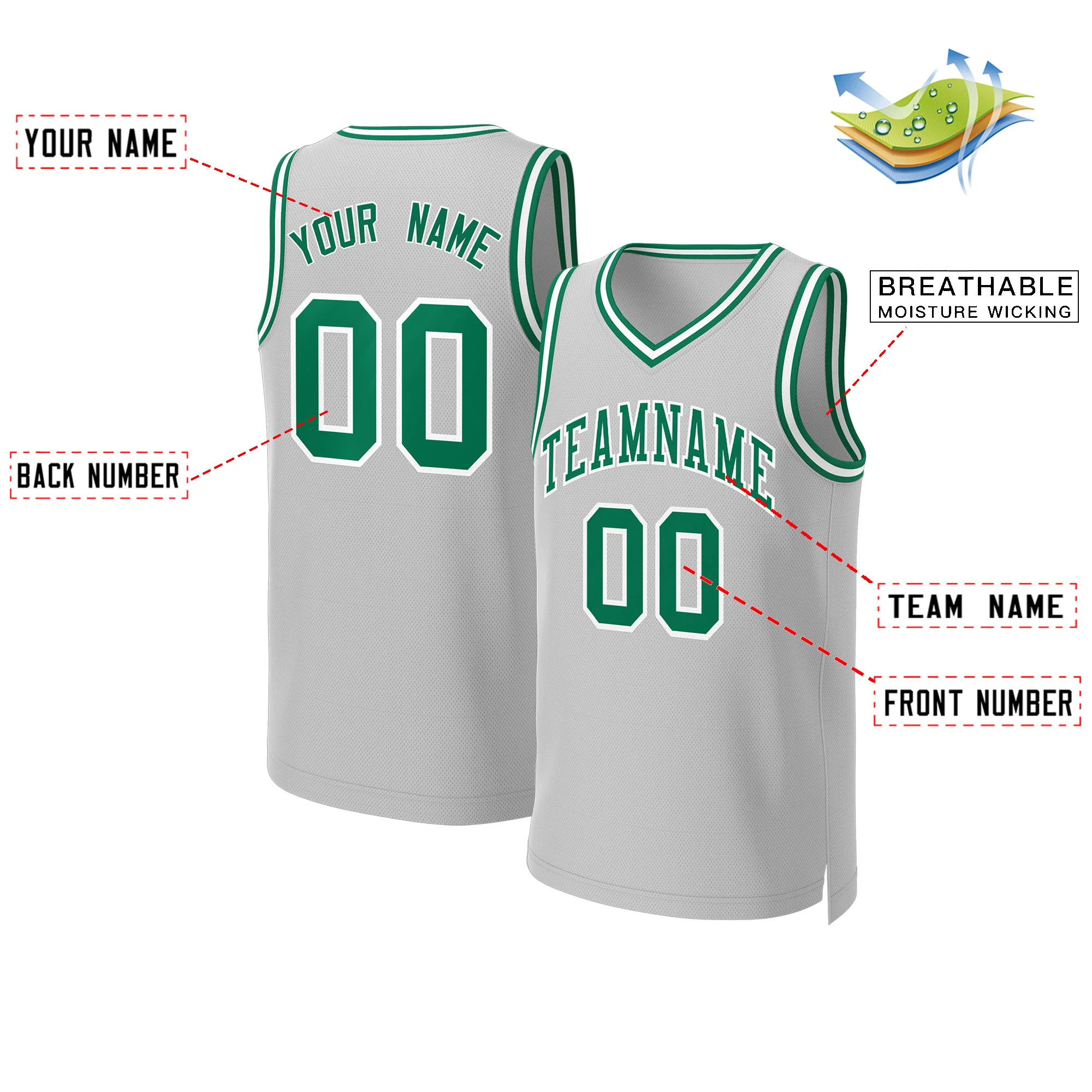 Custom Gray Kelly Green-White Classic Tops Basketball Jersey - Image 2