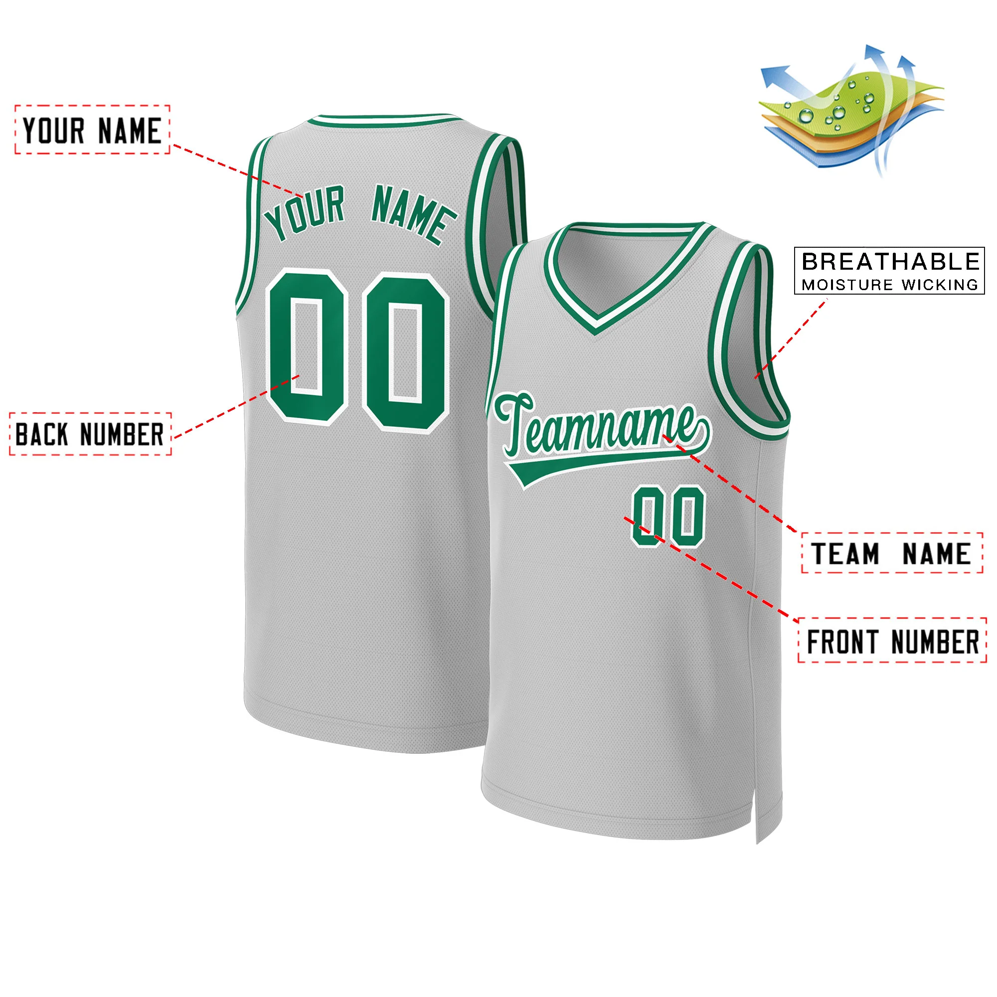 Custom Gray Kelly Green-White Classic Tops Basketball Jersey - Image 2