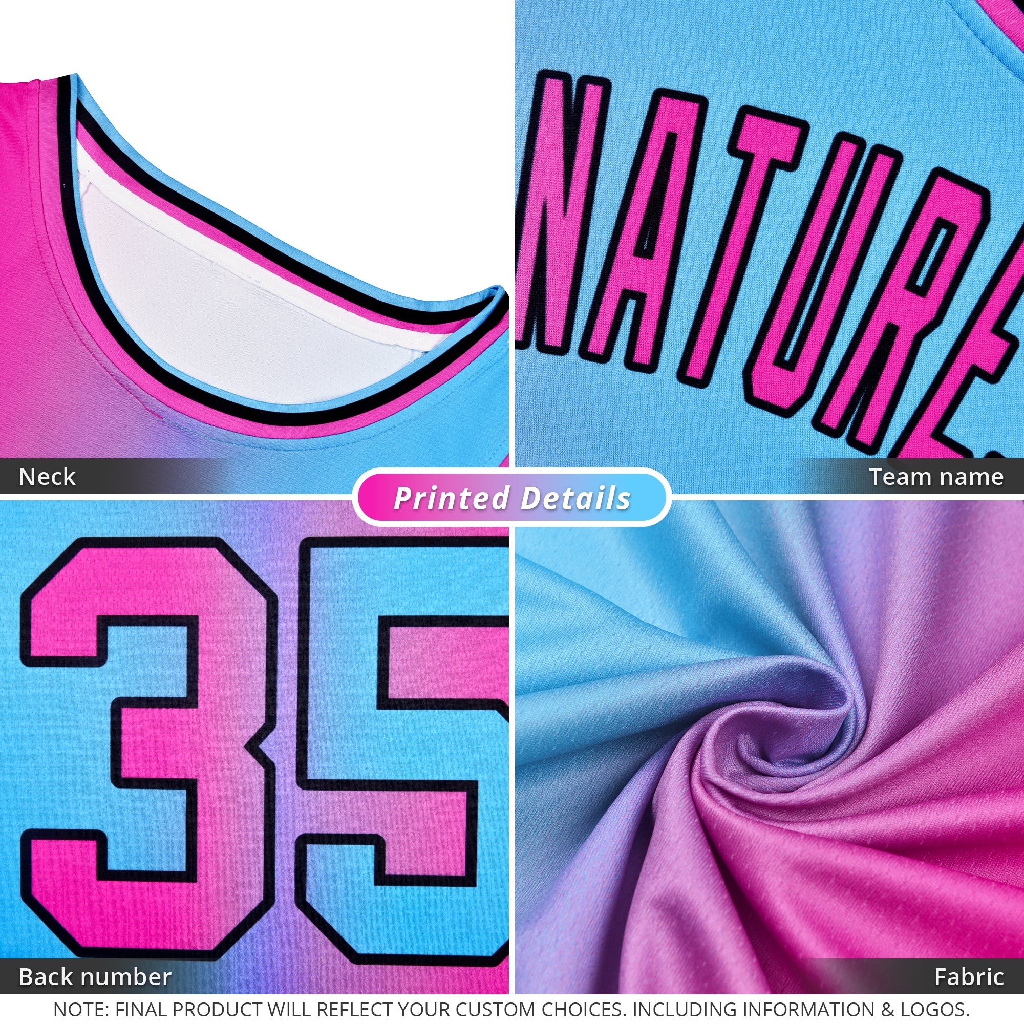 Custom Pink Blue Black-Pink Gradient Fashion Tops Bull Basketball Jersey - Image 2