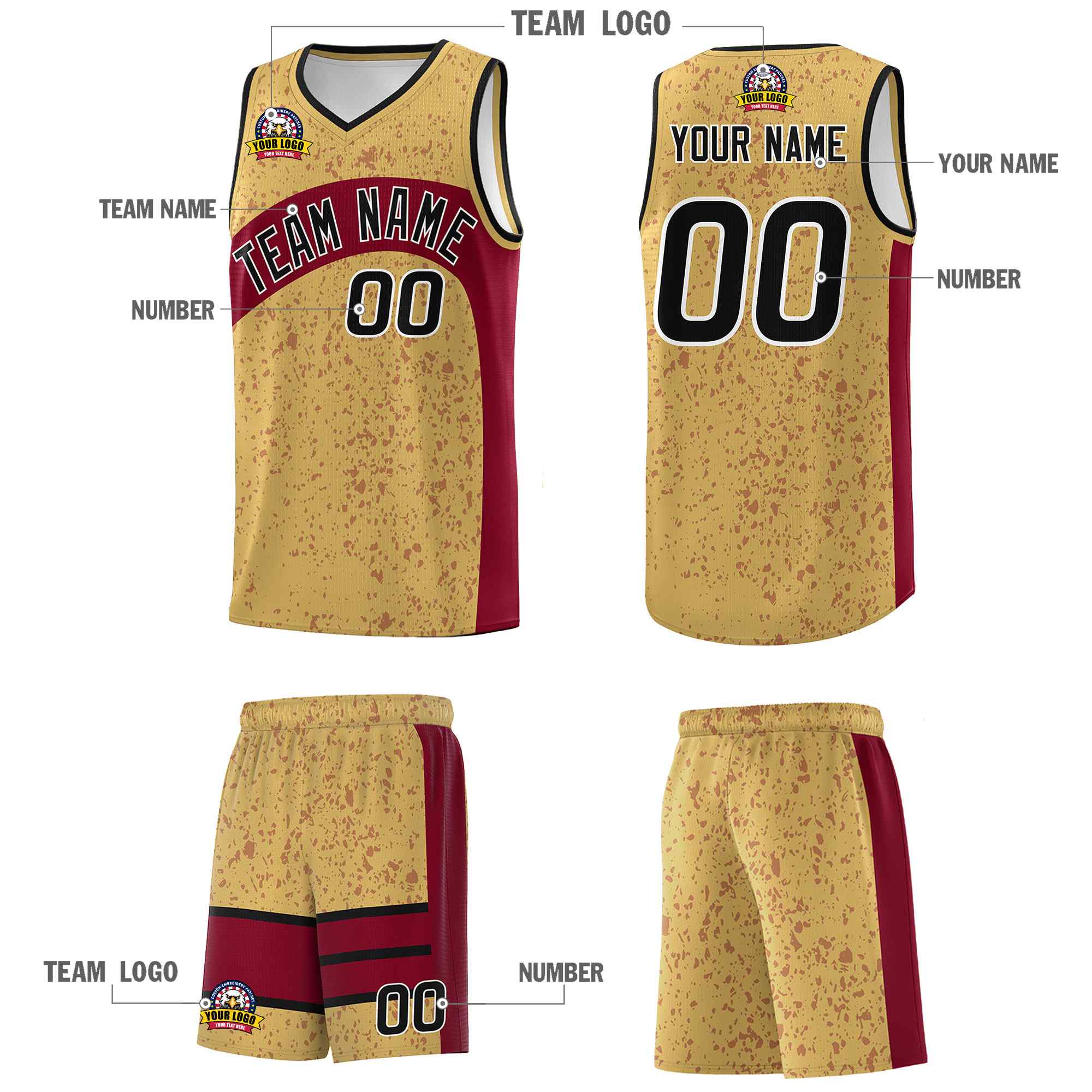 Custom Old Gold Crimson Dot Graffiti Pattern Irregular Team Names Sports Uniform Basketball Jersey - Image 6