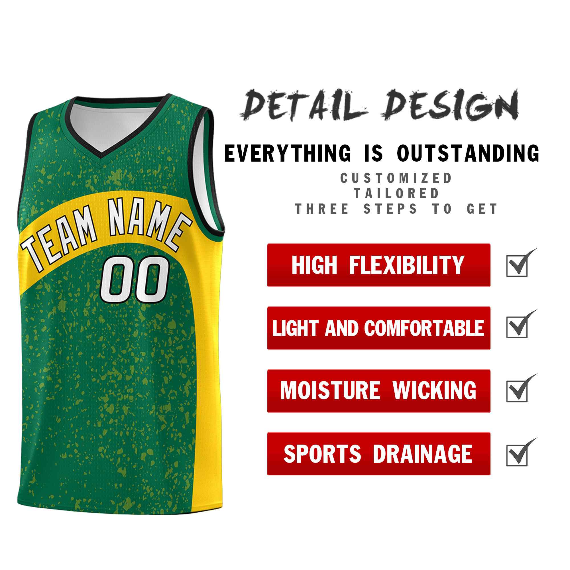 Custom Kelly Green Gold Dot Graffiti Pattern Irregular Team Names Sports Uniform Basketball Jersey - Image 3