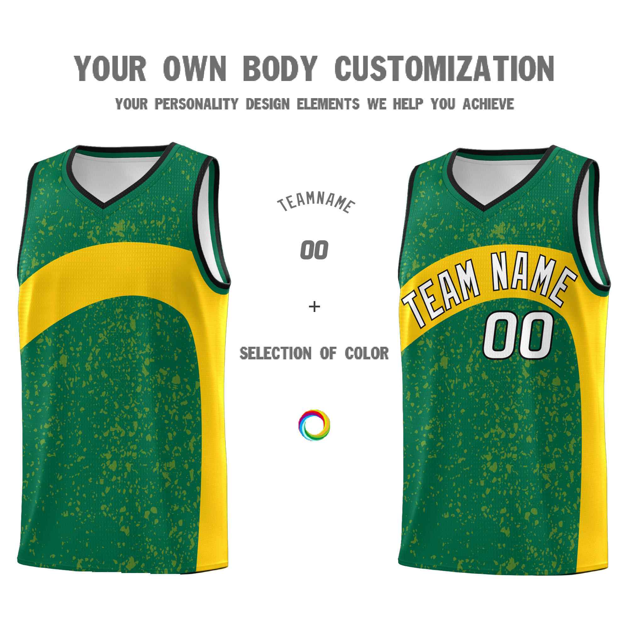 Custom Kelly Green Gold Dot Graffiti Pattern Irregular Team Names Sports Uniform Basketball Jersey - Image 4
