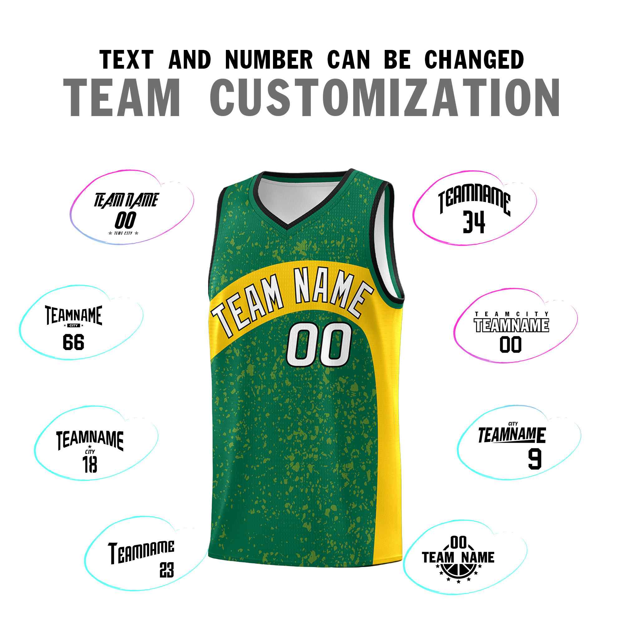 Custom Kelly Green Gold Dot Graffiti Pattern Irregular Team Names Sports Uniform Basketball Jersey - Image 5