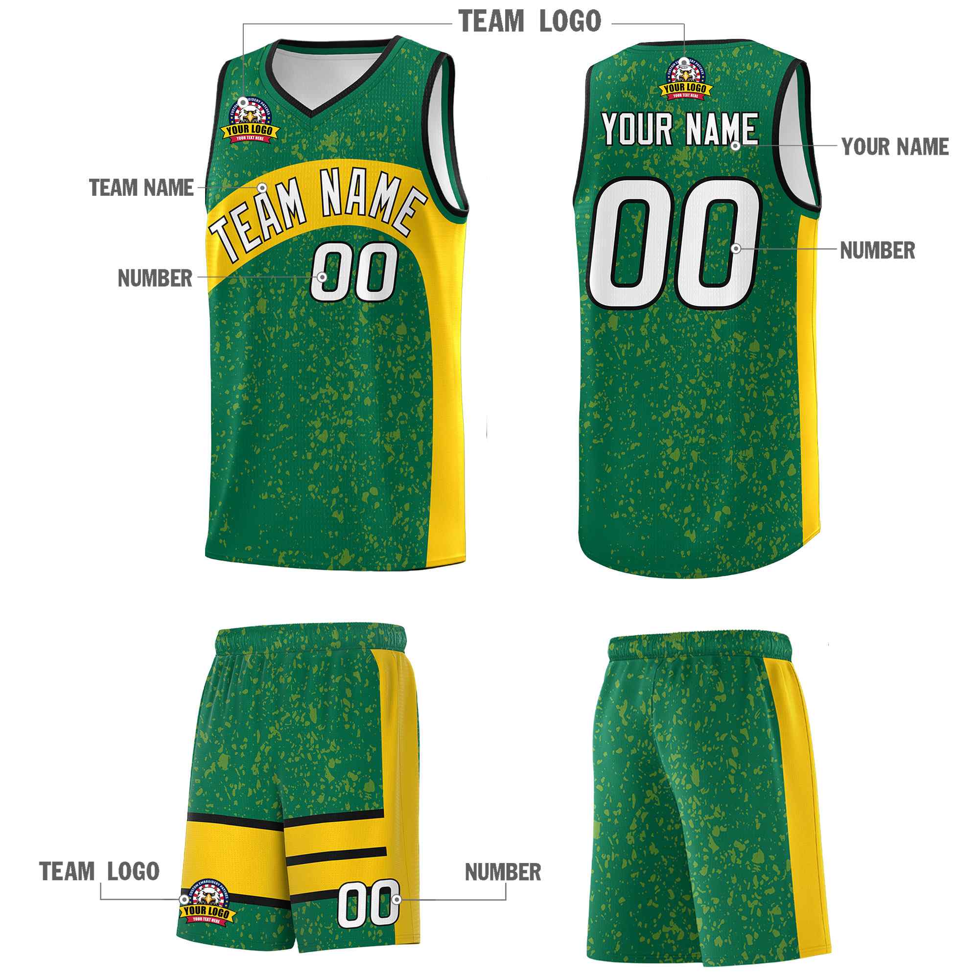 Custom Kelly Green Gold Dot Graffiti Pattern Irregular Team Names Sports Uniform Basketball Jersey - Image 6