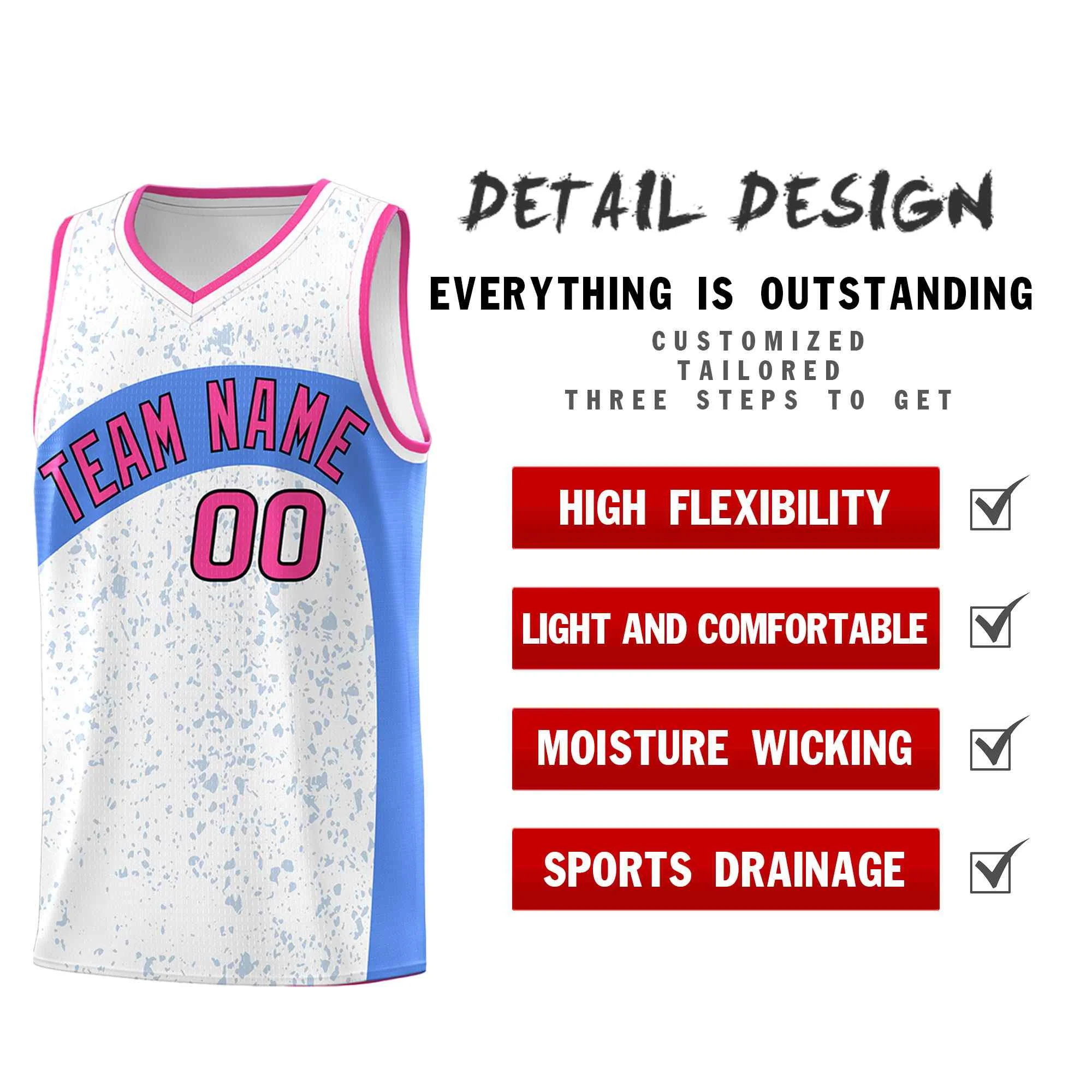 Custom White Powder Blue Dot Graffiti Pattern Irregular Team Names Sports Uniform Basketball Jersey - Image 3