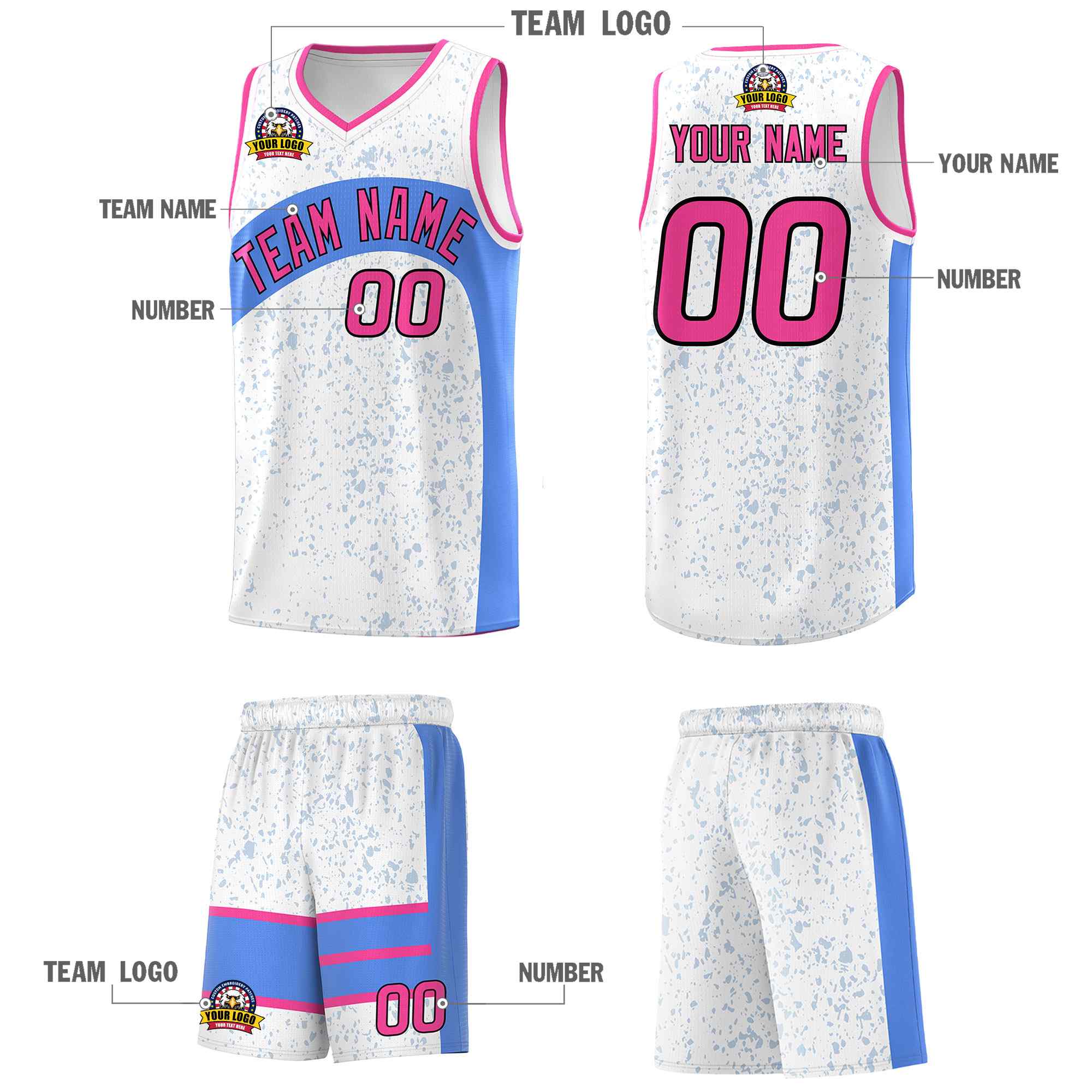 Custom White Powder Blue Dot Graffiti Pattern Irregular Team Names Sports Uniform Basketball Jersey - Image 6