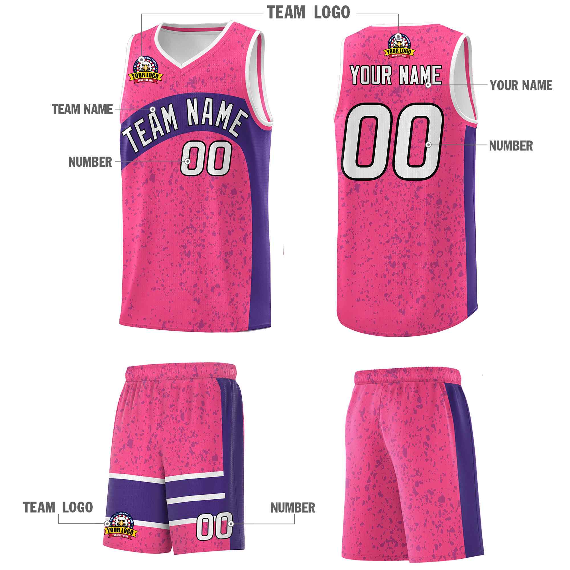 Custom Pink Purple Dot Graffiti Pattern Irregular Team Names Sports Uniform Basketball Jersey - Image 6