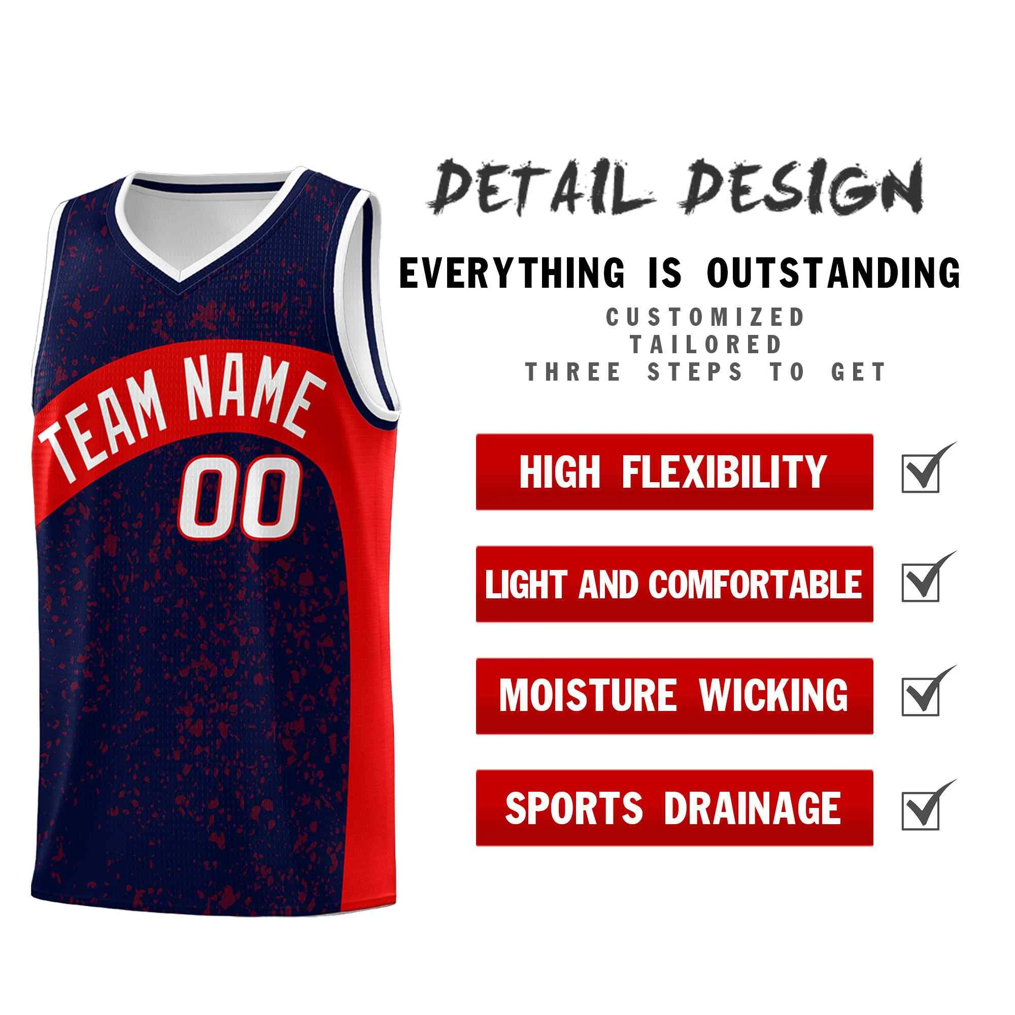 Custom Navy Red Dot Graffiti Pattern Irregular Team Names Sports Uniform Basketball Jersey - Image 3