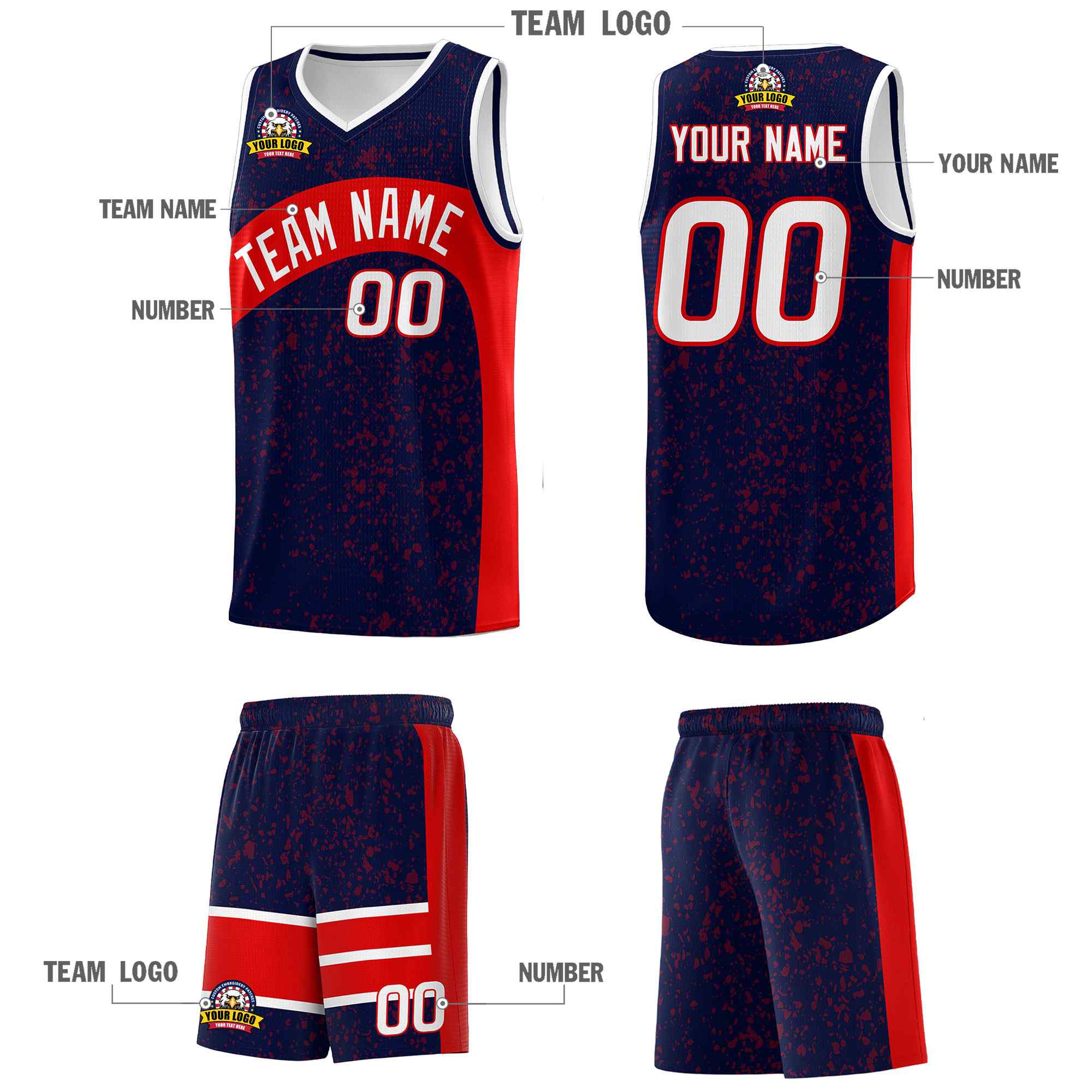 Custom Navy Red Dot Graffiti Pattern Irregular Team Names Sports Uniform Basketball Jersey - Image 6