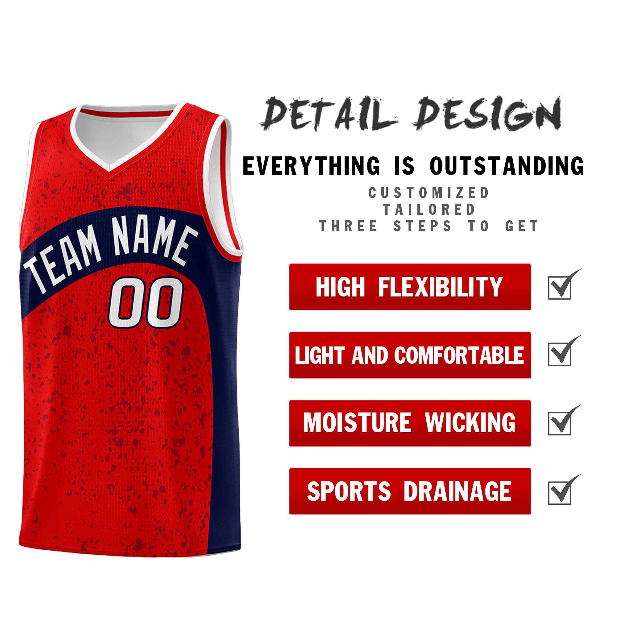 Custom Red Navy Dot Graffiti Pattern Irregular Team Names Sports Uniform Basketball Jersey - Image 3