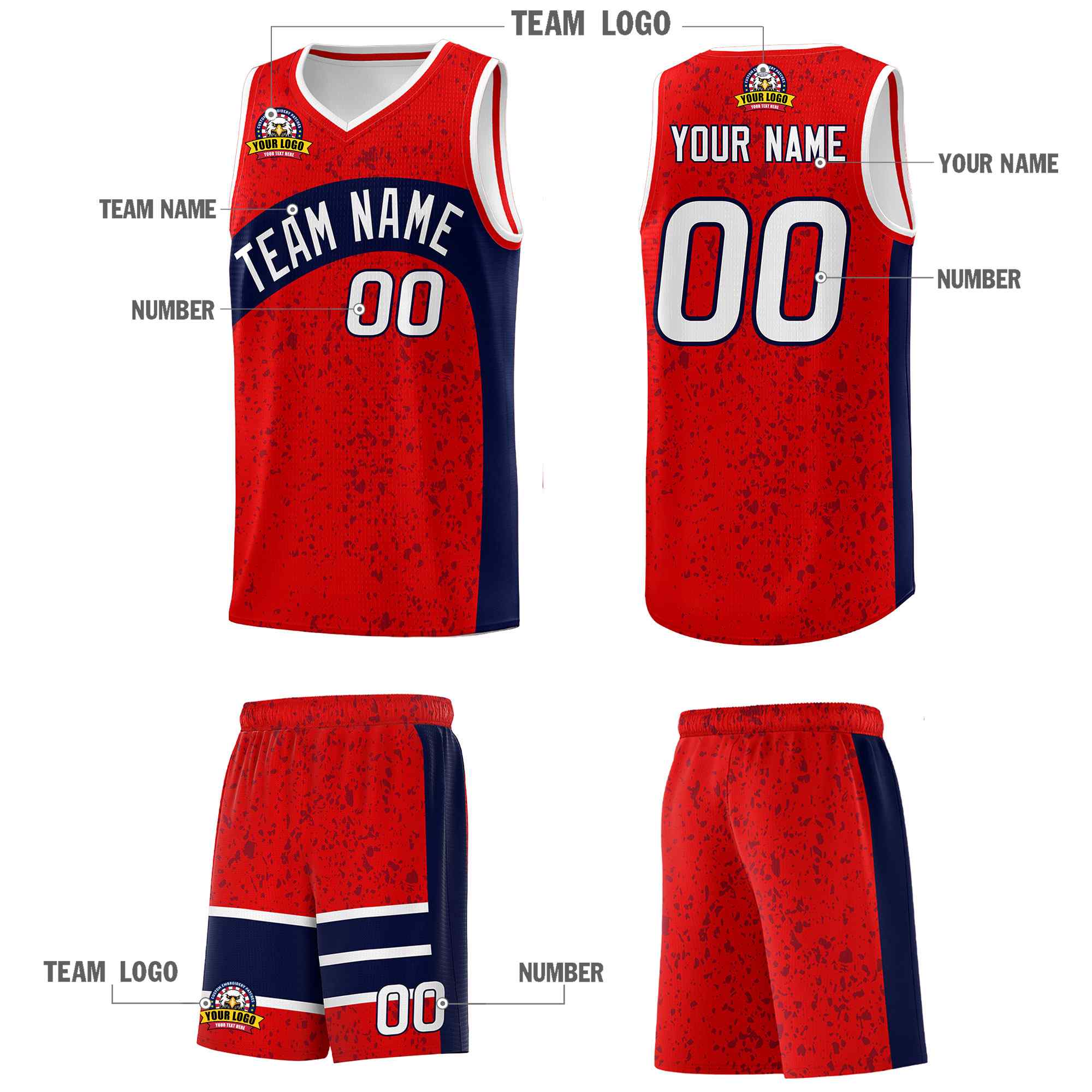 Custom Red Navy Dot Graffiti Pattern Irregular Team Names Sports Uniform Basketball Jersey - Image 6