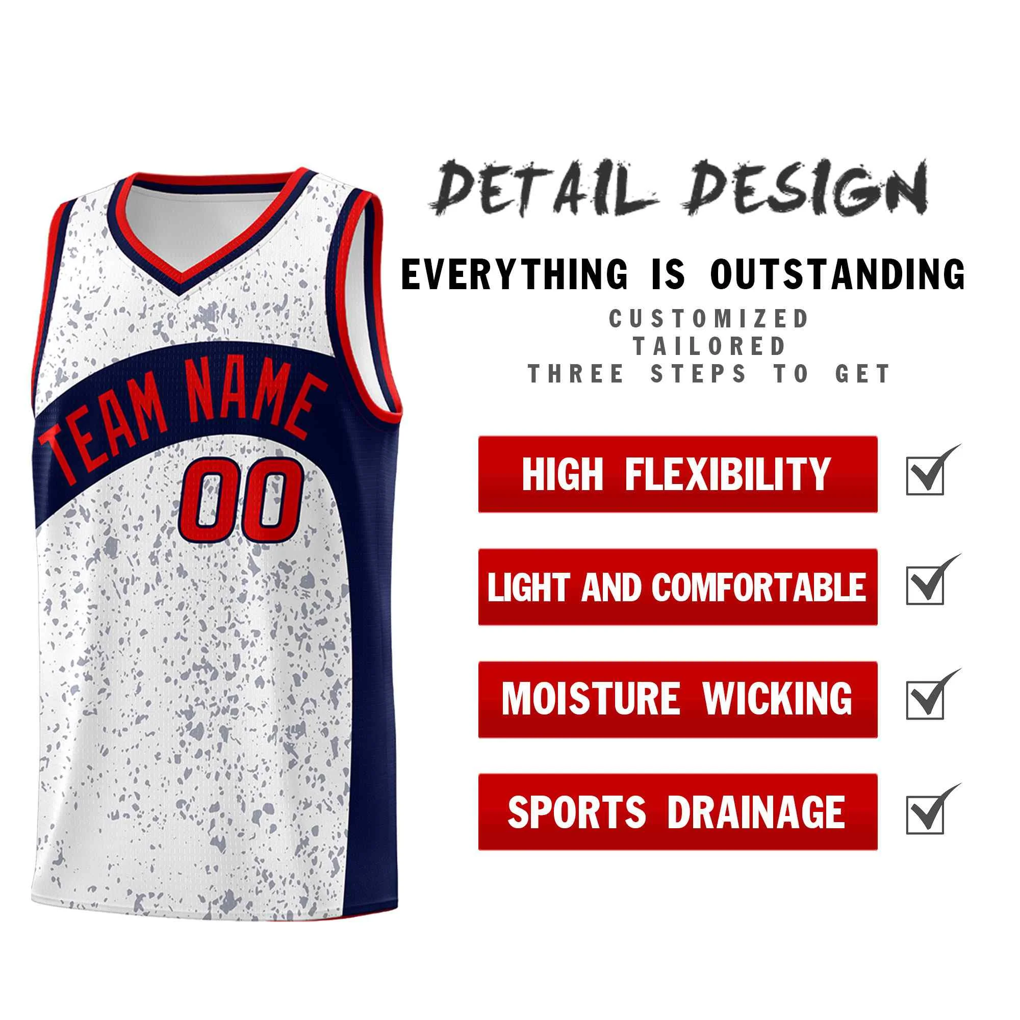 Custom White Navy Dot Graffiti Pattern Irregular Team Names Sports Uniform Basketball Jersey - Image 3