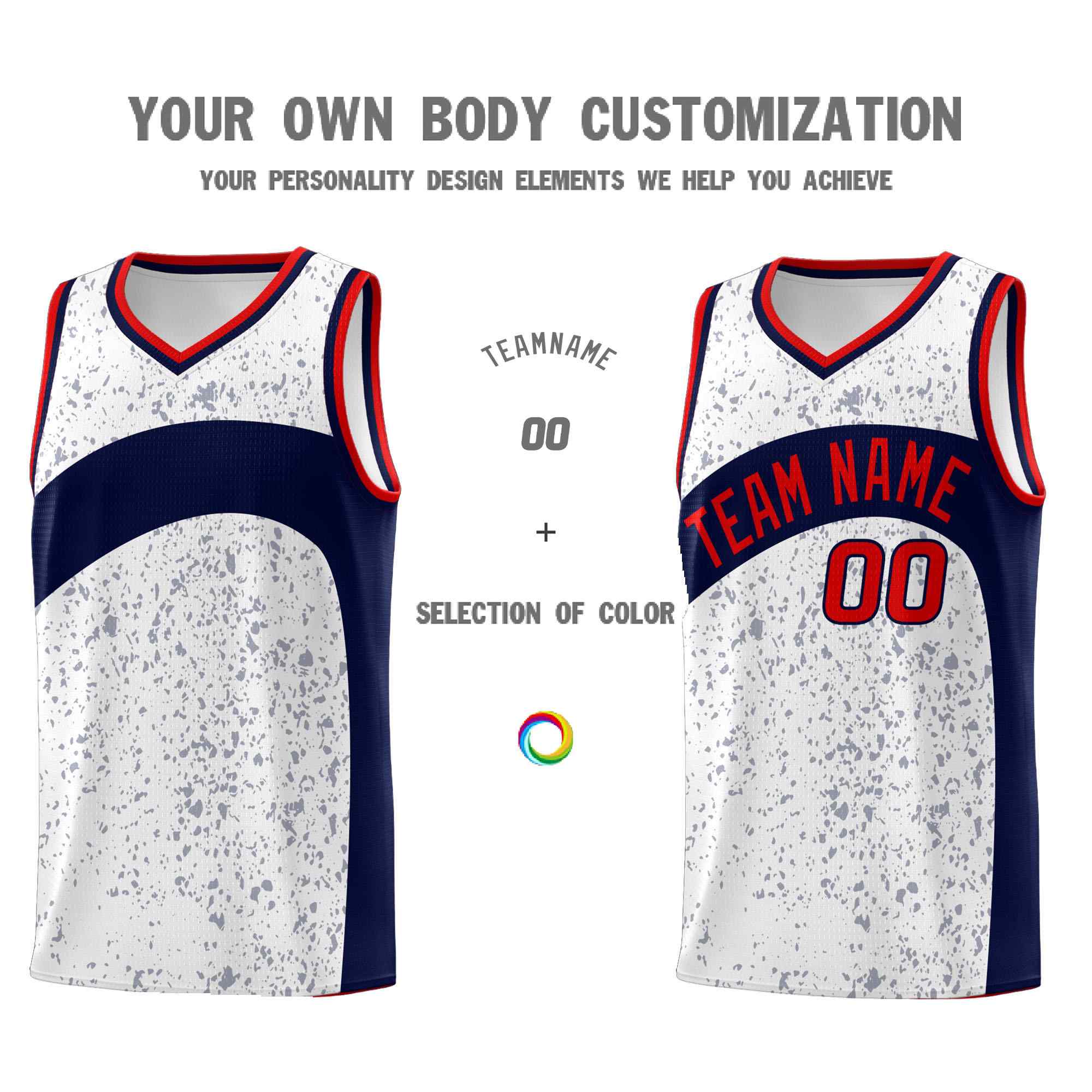 Custom White Navy Dot Graffiti Pattern Irregular Team Names Sports Uniform Basketball Jersey - Image 4