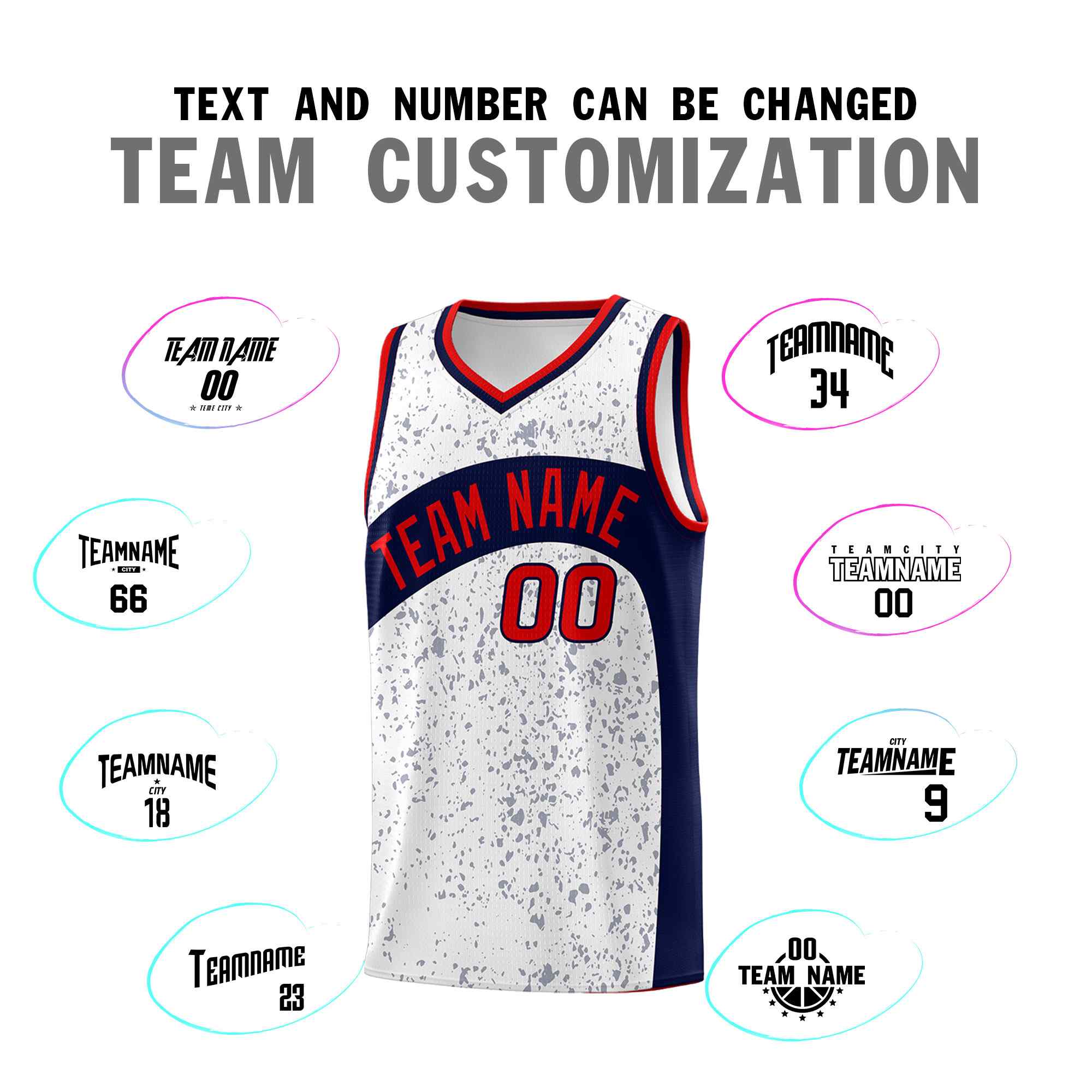 Custom White Navy Dot Graffiti Pattern Irregular Team Names Sports Uniform Basketball Jersey - Image 5