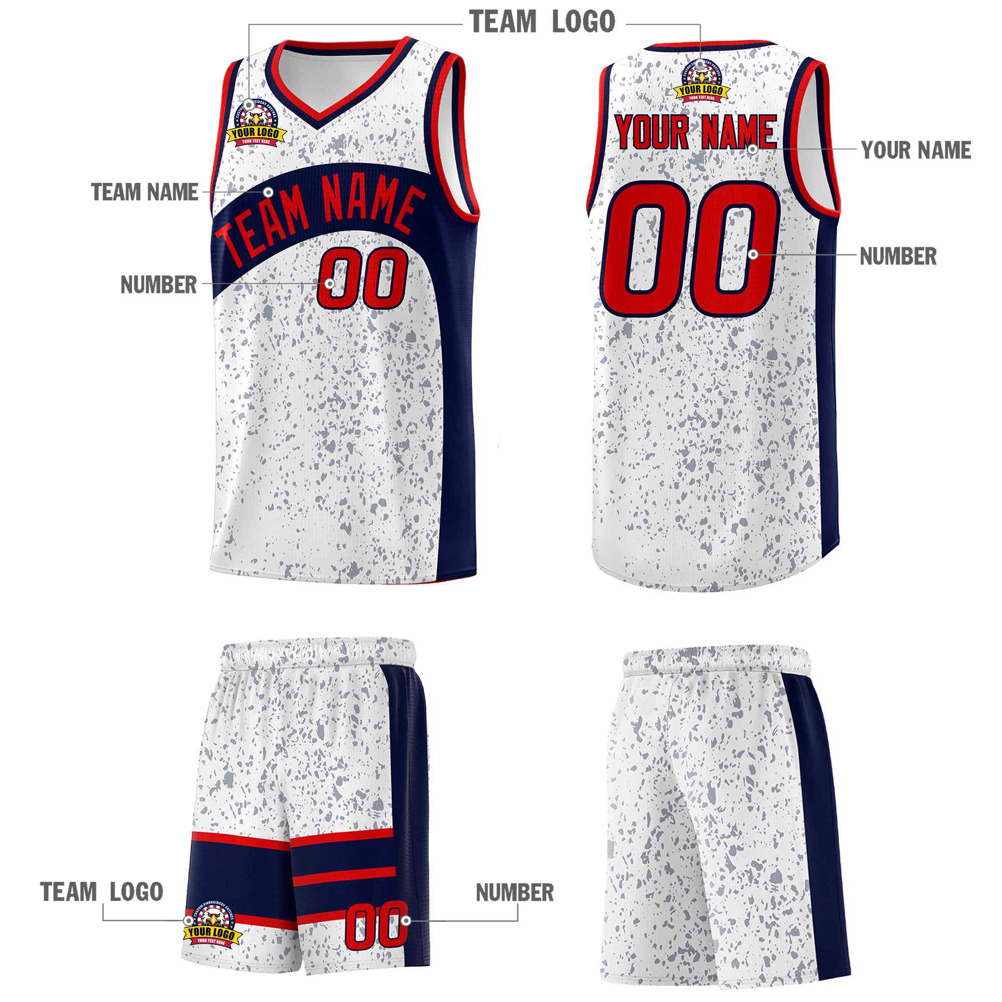 Custom White Navy Dot Graffiti Pattern Irregular Team Names Sports Uniform Basketball Jersey - Image 6