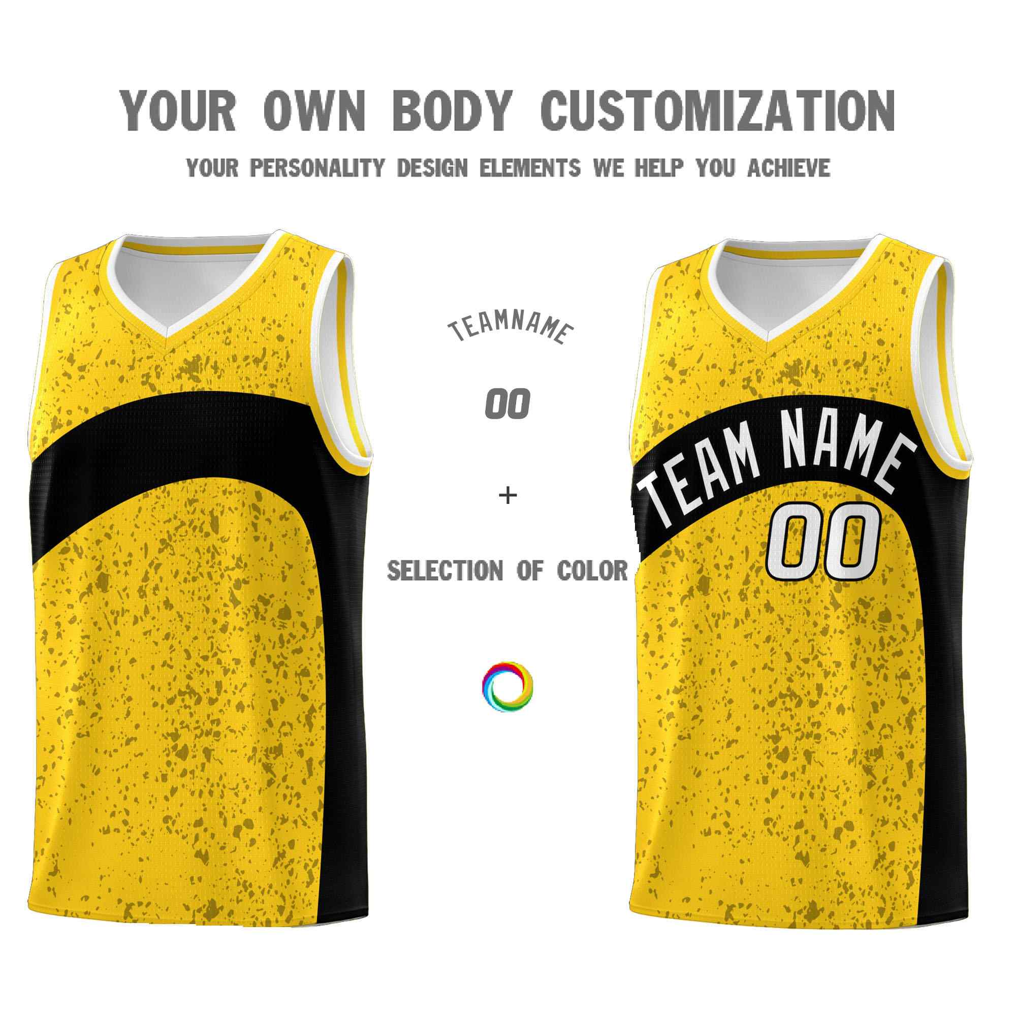 Custom Gold Black Dot Graffiti Pattern Irregular Team Names Sports Uniform Basketball Jersey - Image 4