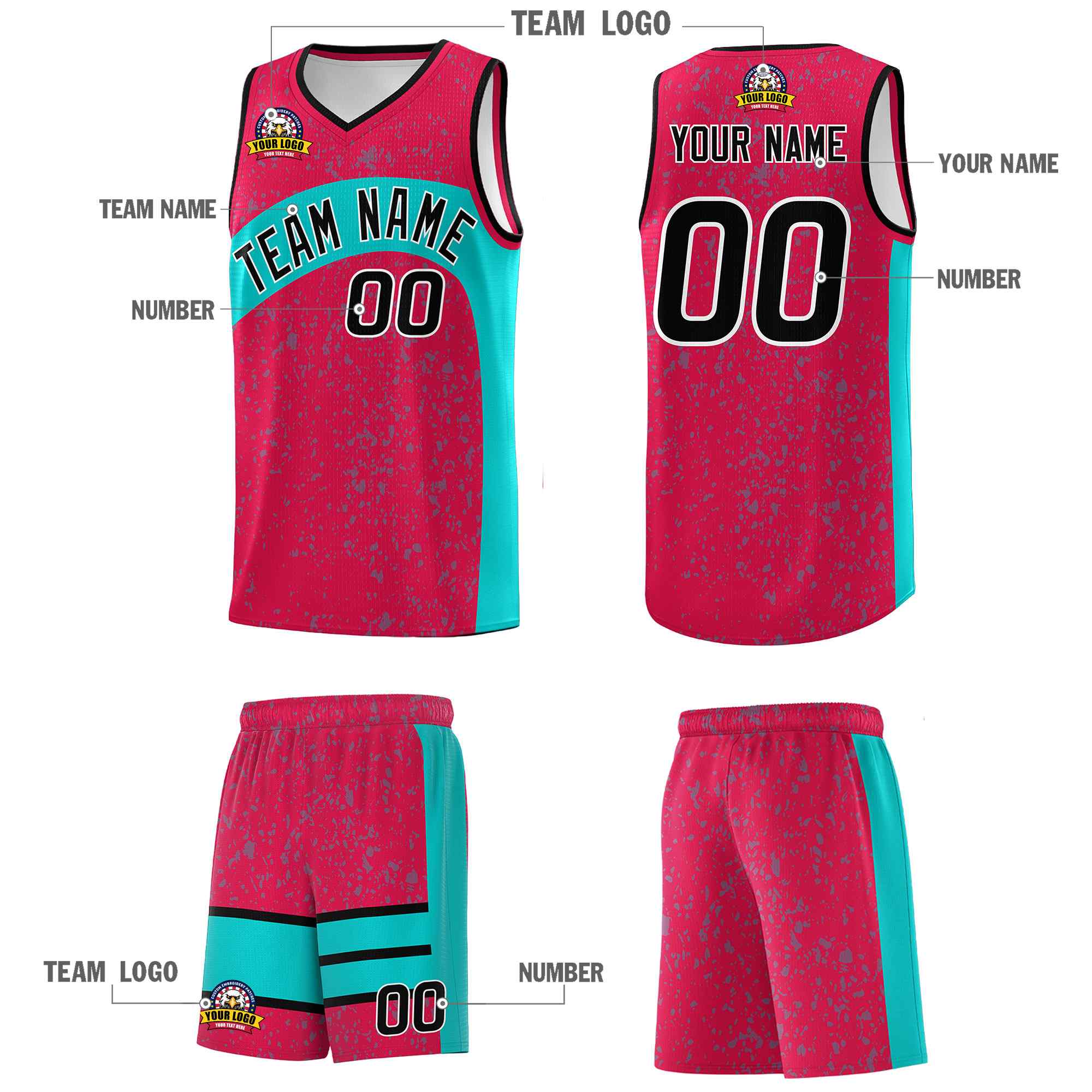 Custom Red Aqua Dot Graffiti Pattern Irregular Team Names Sports Uniform Basketball Jersey - Image 6