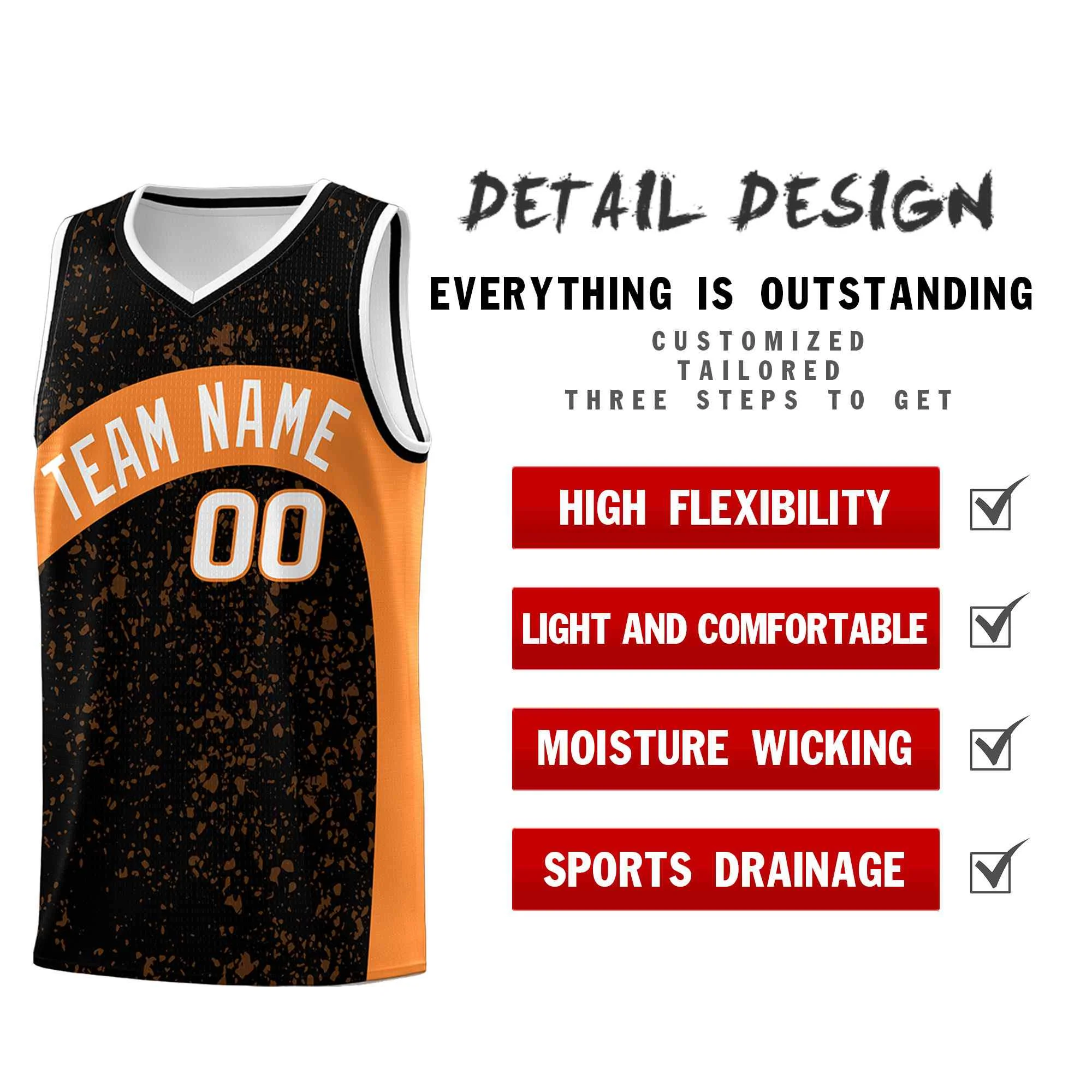 Custom Black Gold Orange Dot Graffiti Pattern Irregular Team Names Sports Uniform Basketball Jersey - Image 3