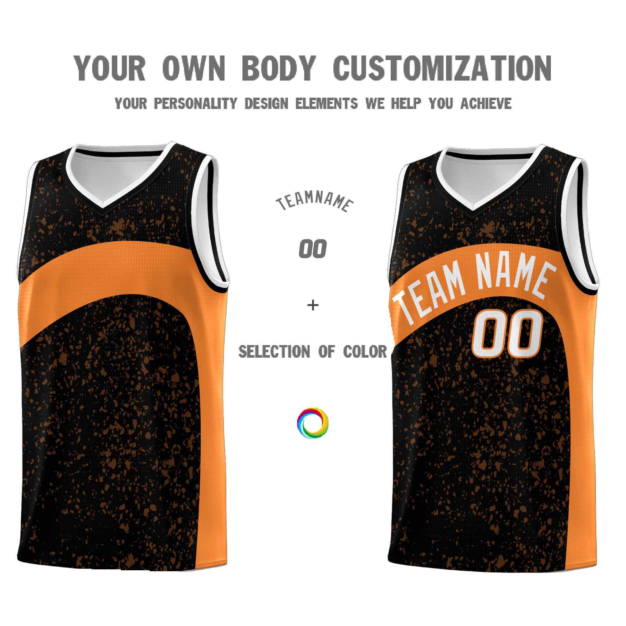 Custom Black Gold Orange Dot Graffiti Pattern Irregular Team Names Sports Uniform Basketball Jersey - Image 4