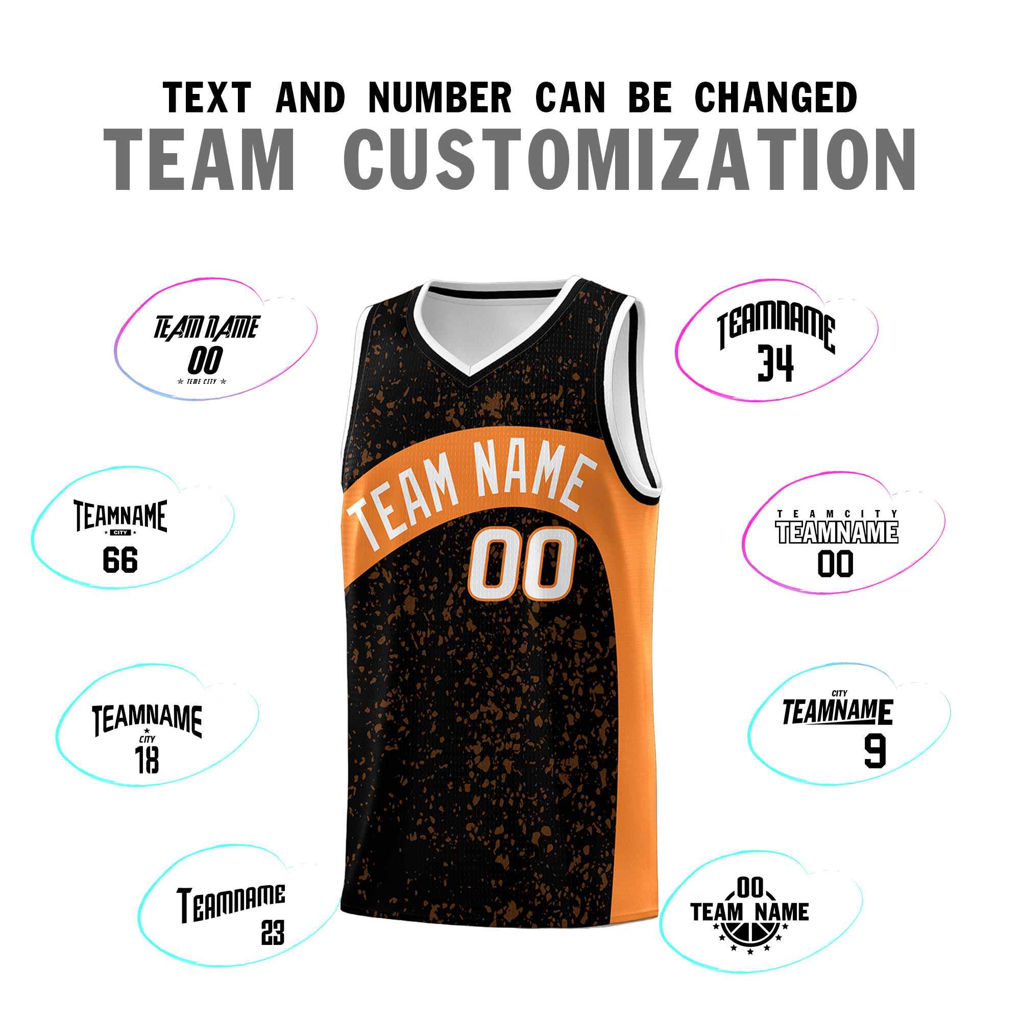 Custom Black Gold Orange Dot Graffiti Pattern Irregular Team Names Sports Uniform Basketball Jersey - Image 5