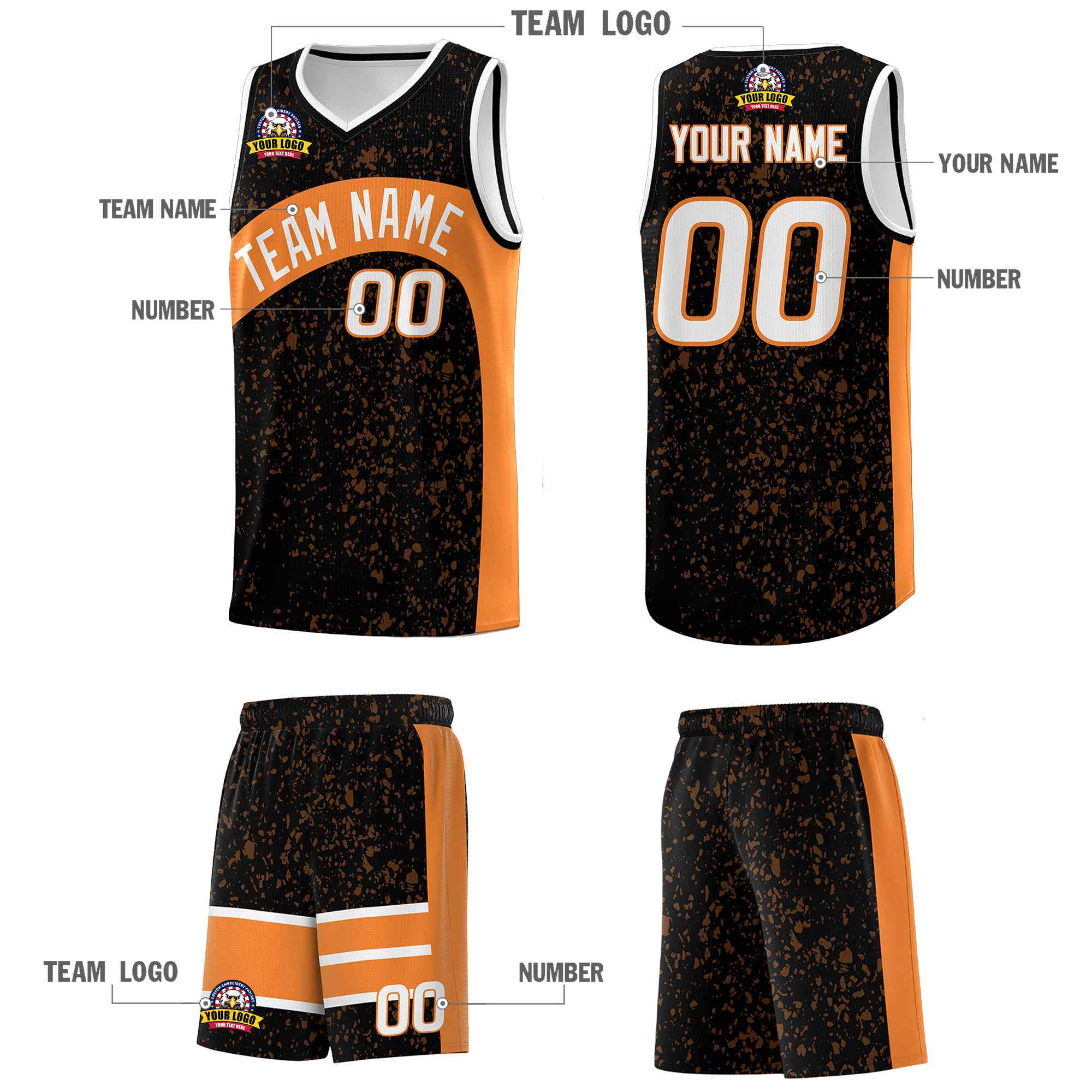 Custom Black Gold Orange Dot Graffiti Pattern Irregular Team Names Sports Uniform Basketball Jersey - Image 6