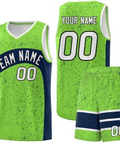 Custom Fluorescent Green Navy Dot Graffiti Pattern Irregular Team Names Sports Uniform Basketball Jersey| KXKSHOP