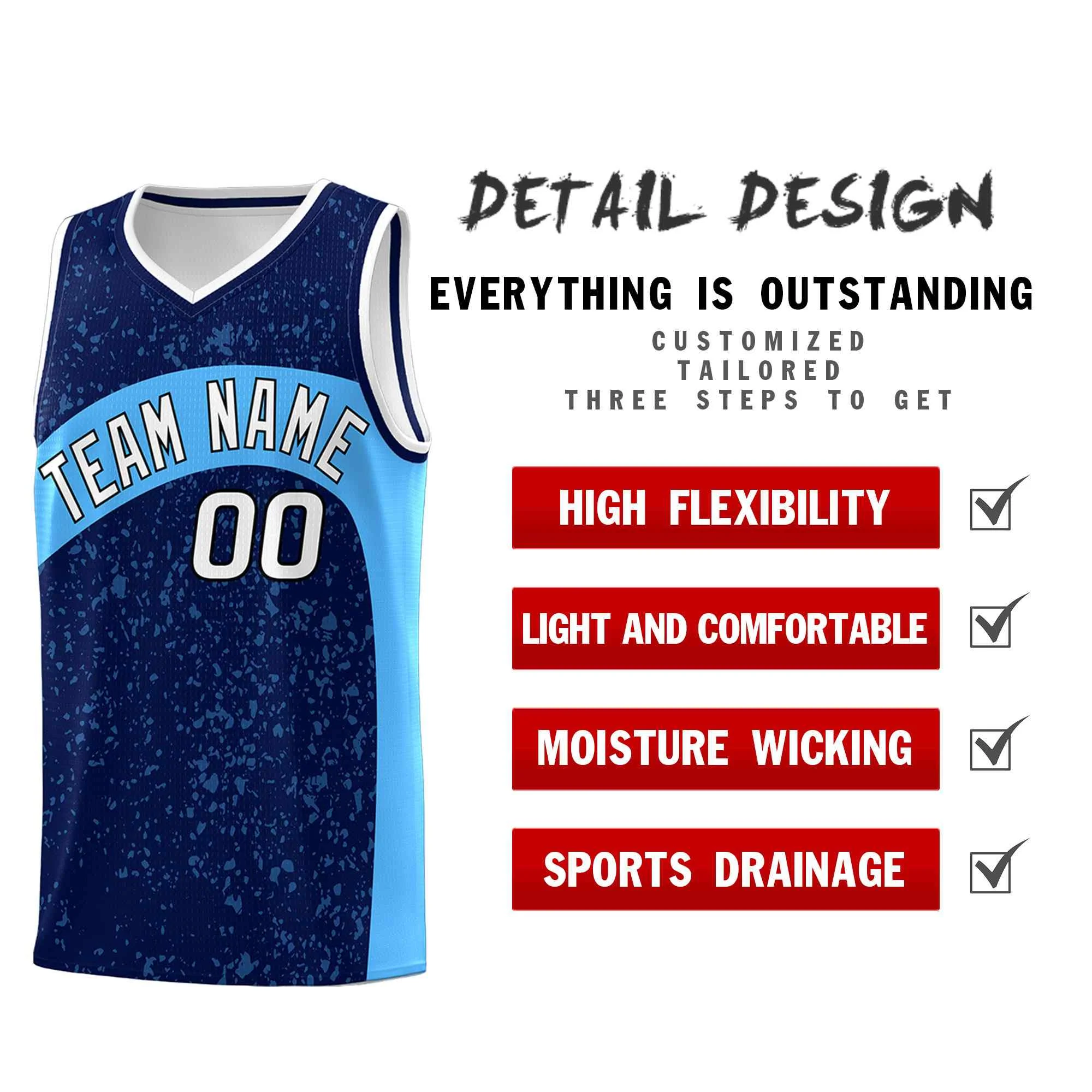Custom Navy Powder Blue Dot Graffiti Pattern Irregular Team Names Sports Uniform Basketball Jersey - Image 3