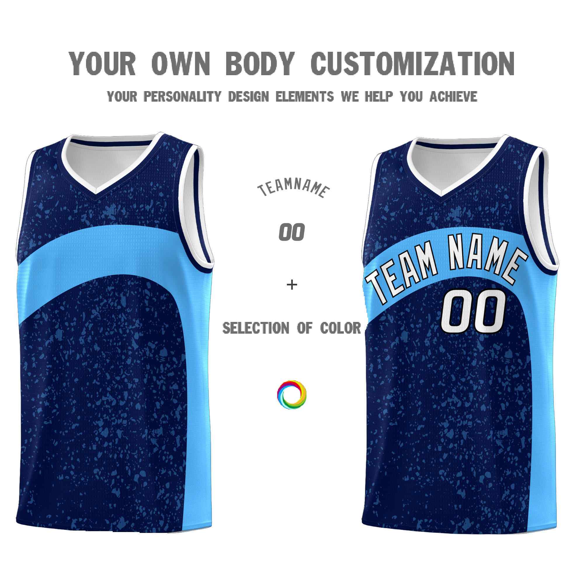 Custom Navy Powder Blue Dot Graffiti Pattern Irregular Team Names Sports Uniform Basketball Jersey - Image 4