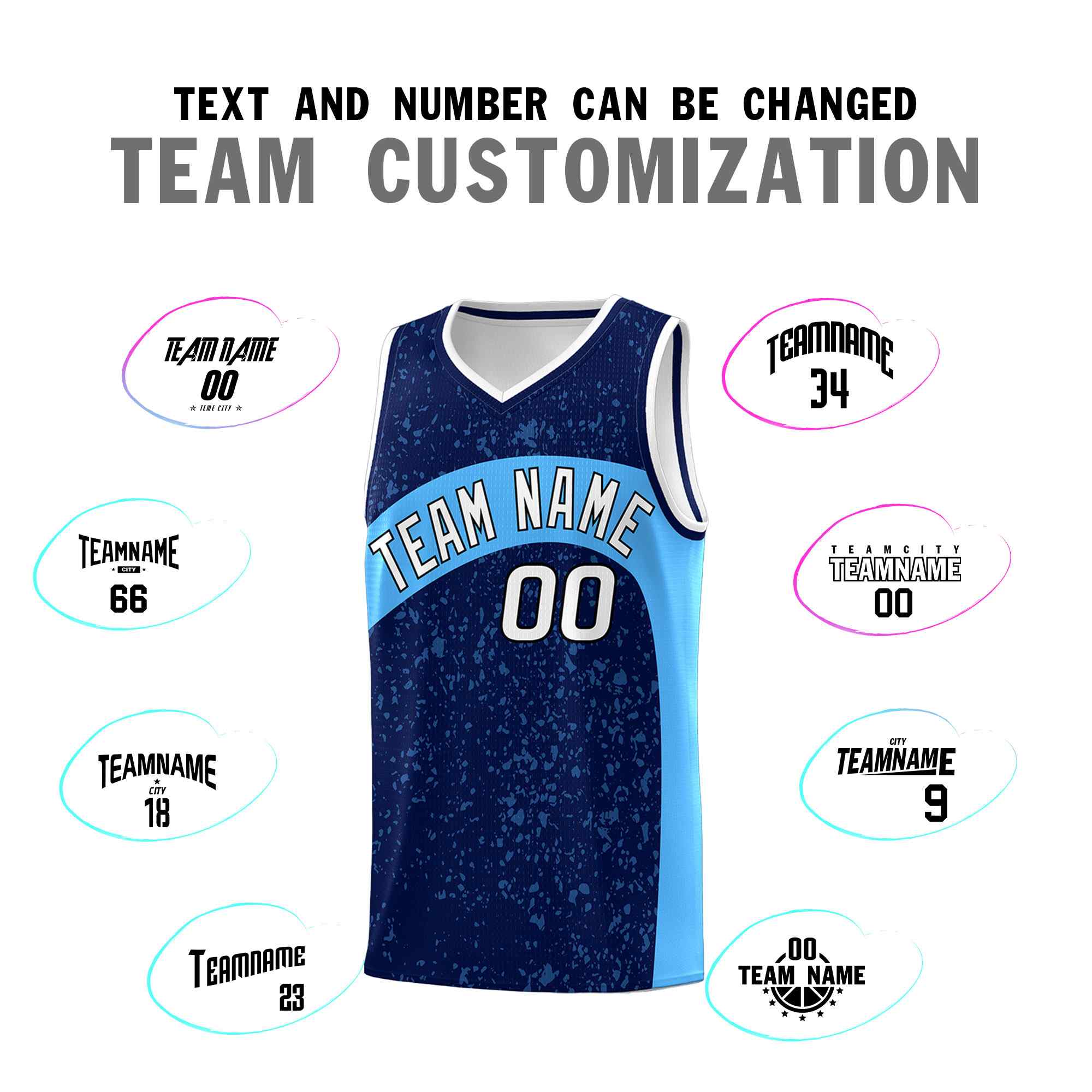 Custom Navy Powder Blue Dot Graffiti Pattern Irregular Team Names Sports Uniform Basketball Jersey - Image 5