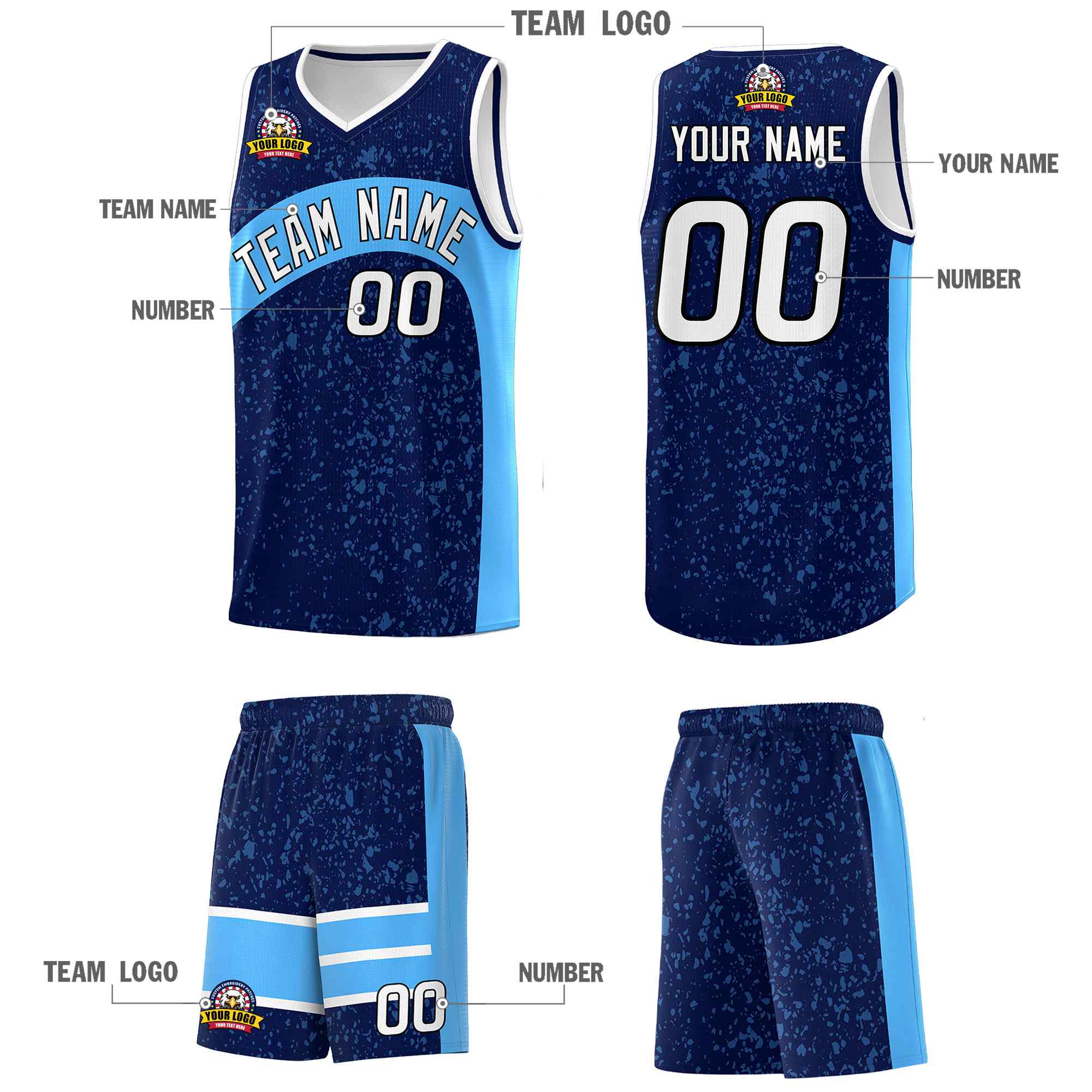 Custom Navy Powder Blue Dot Graffiti Pattern Irregular Team Names Sports Uniform Basketball Jersey - Image 6