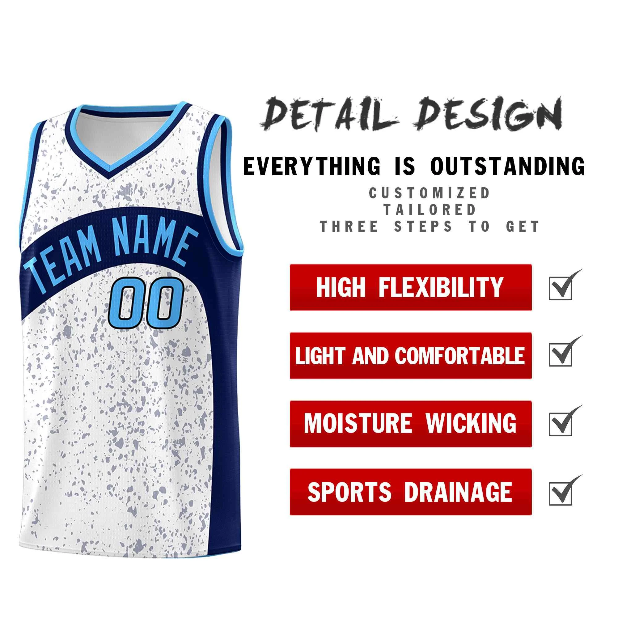 Custom White Navy Dot Graffiti Pattern Irregular Team Names Sports Uniform Basketball Jersey - Image 3