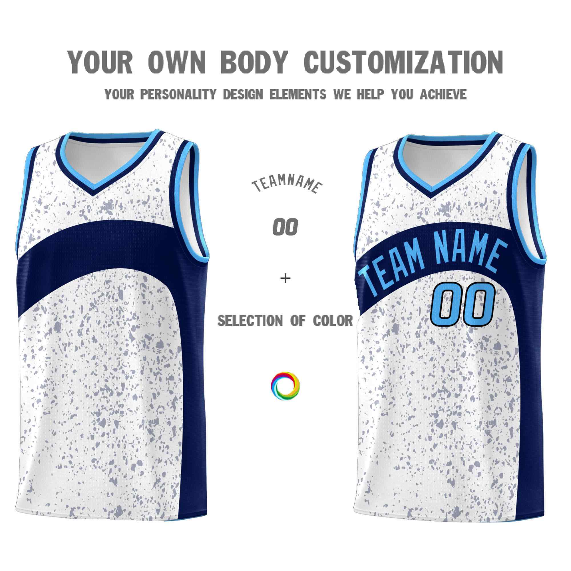 Custom White Navy Dot Graffiti Pattern Irregular Team Names Sports Uniform Basketball Jersey - Image 4