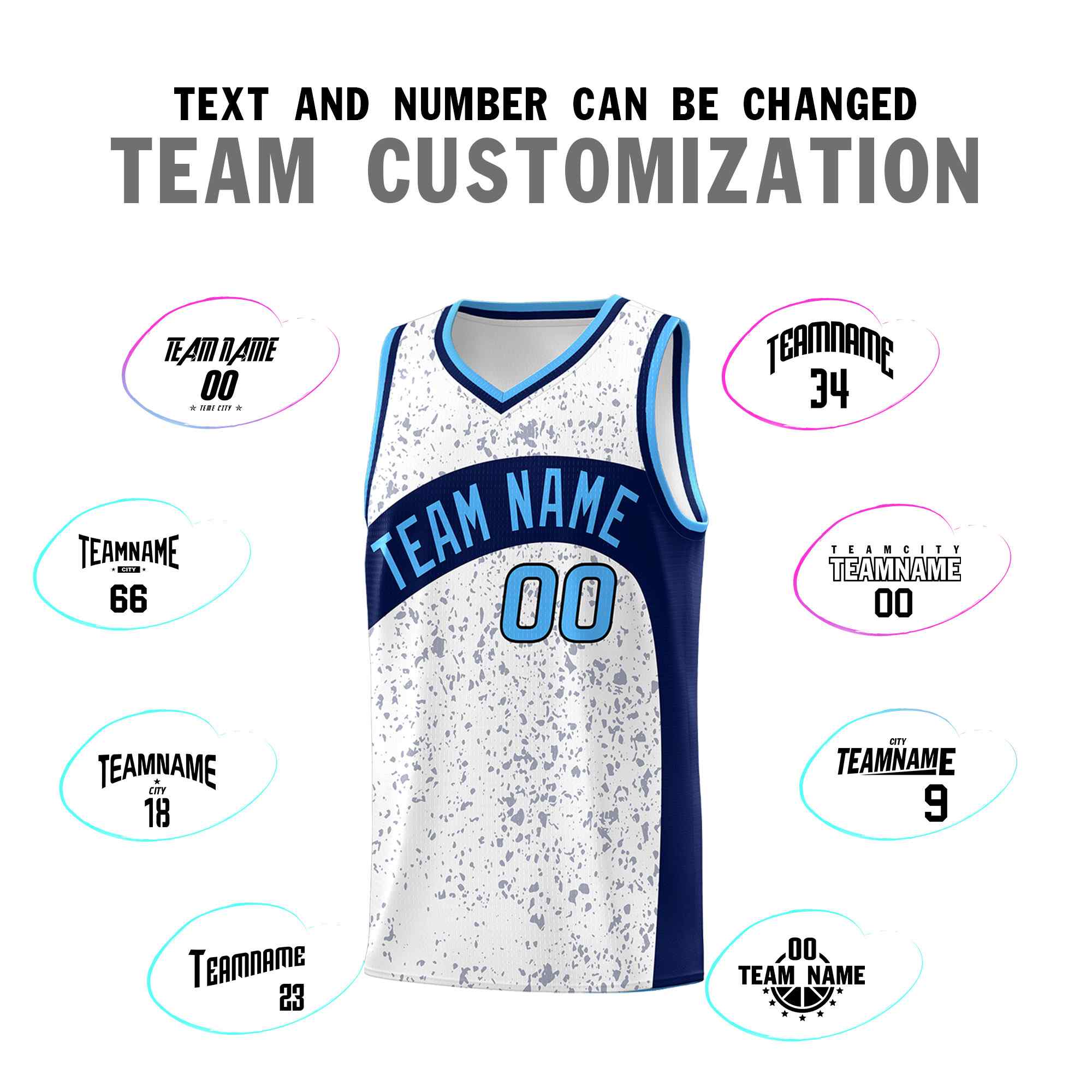 Custom White Navy Dot Graffiti Pattern Irregular Team Names Sports Uniform Basketball Jersey - Image 5