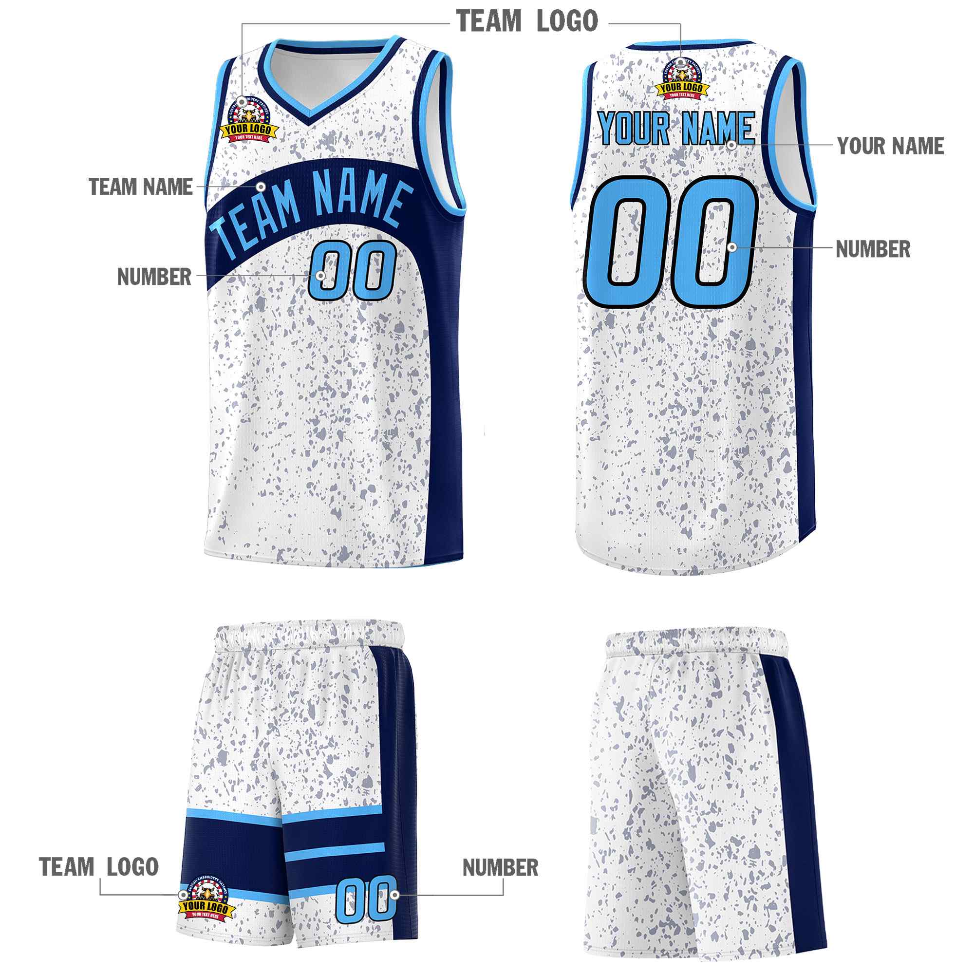 Custom White Navy Dot Graffiti Pattern Irregular Team Names Sports Uniform Basketball Jersey - Image 6