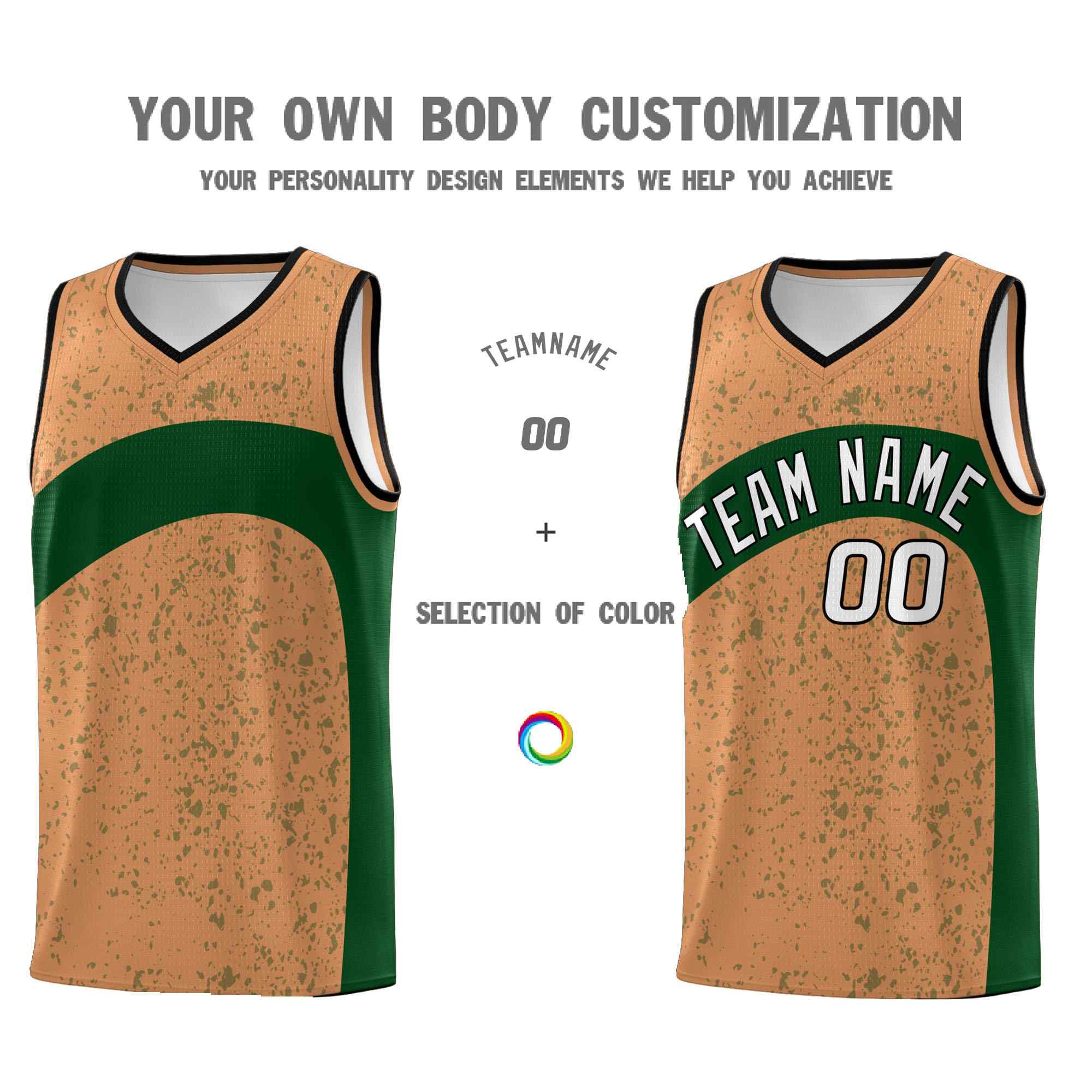 Custom Buckskin Brown Green Dot Graffiti Pattern Irregular Team Names Sports Uniform Basketball Jersey - Image 4