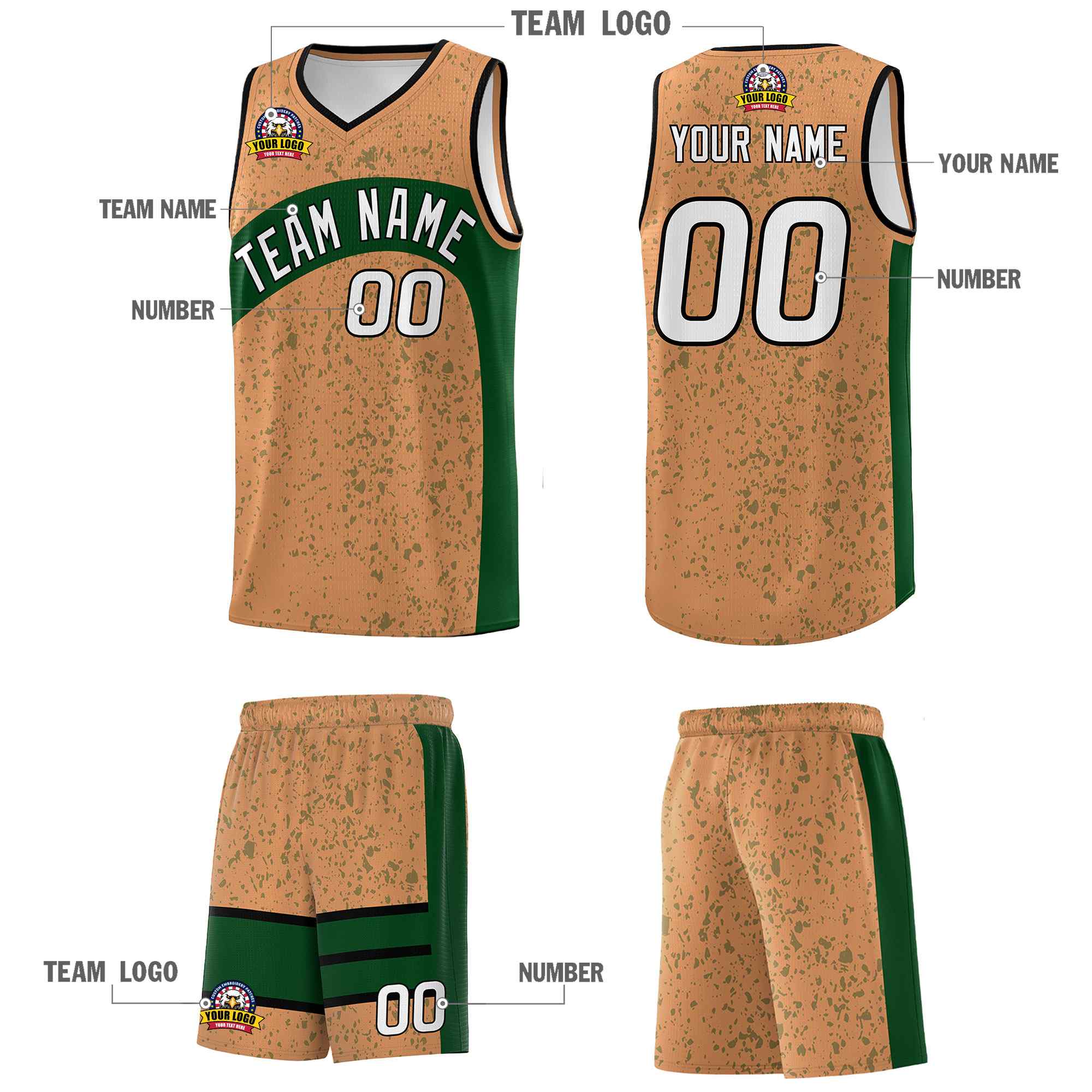 Custom Buckskin Brown Green Dot Graffiti Pattern Irregular Team Names Sports Uniform Basketball Jersey - Image 6