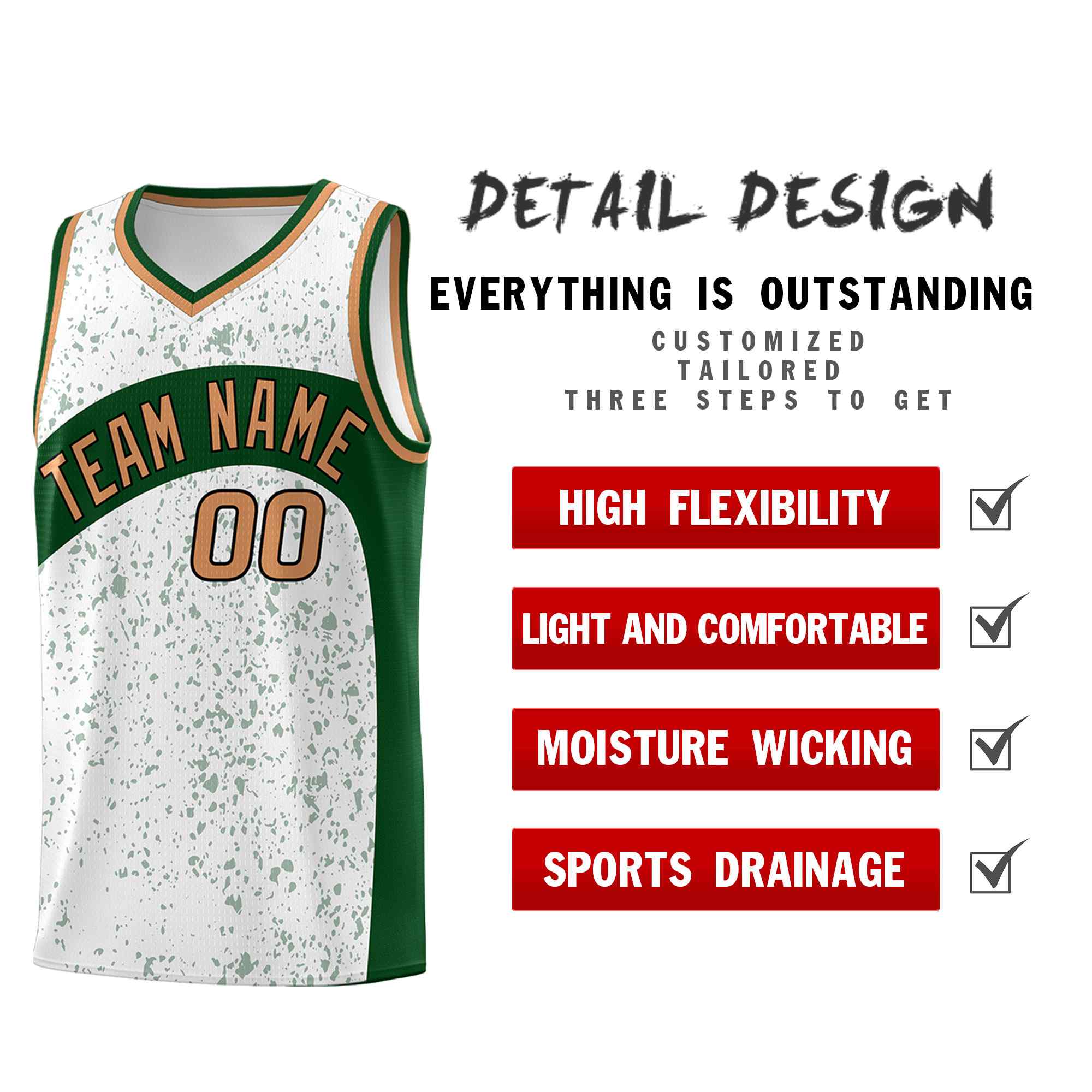 Custom White Green Dot Graffiti Pattern Irregular Team Names Sports Uniform Basketball Jersey - Image 3