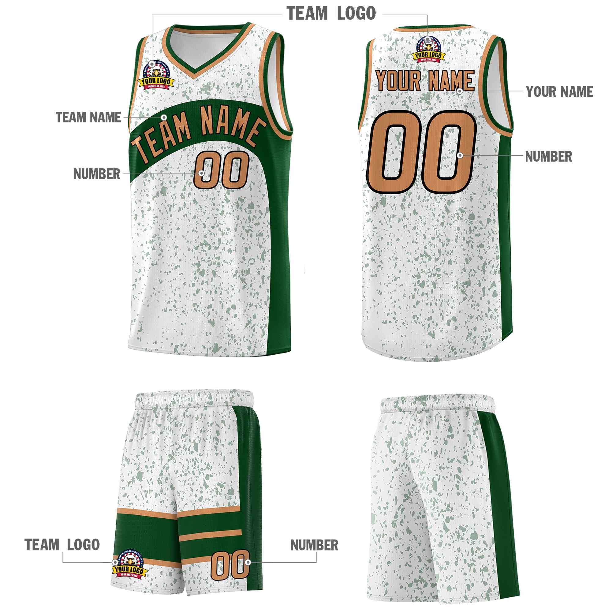 Custom White Green Dot Graffiti Pattern Irregular Team Names Sports Uniform Basketball Jersey - Image 6