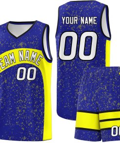 Custom Royal Fluorescent Yellow Dot Graffiti Pattern Irregular Team Names Sports Uniform Basketball Jersey| KXKSHOP