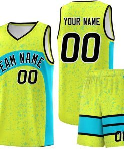 Custom Fluorescent Green Sky Blue Dot Graffiti Pattern Irregular Team Names Sports Uniform Basketball Jersey| KXKSHOP
