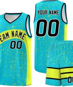 Custom Sky Blue Fluorescent Green Dot Graffiti Pattern Irregular Team Names Sports Uniform Basketball Jersey| KXKSHOP