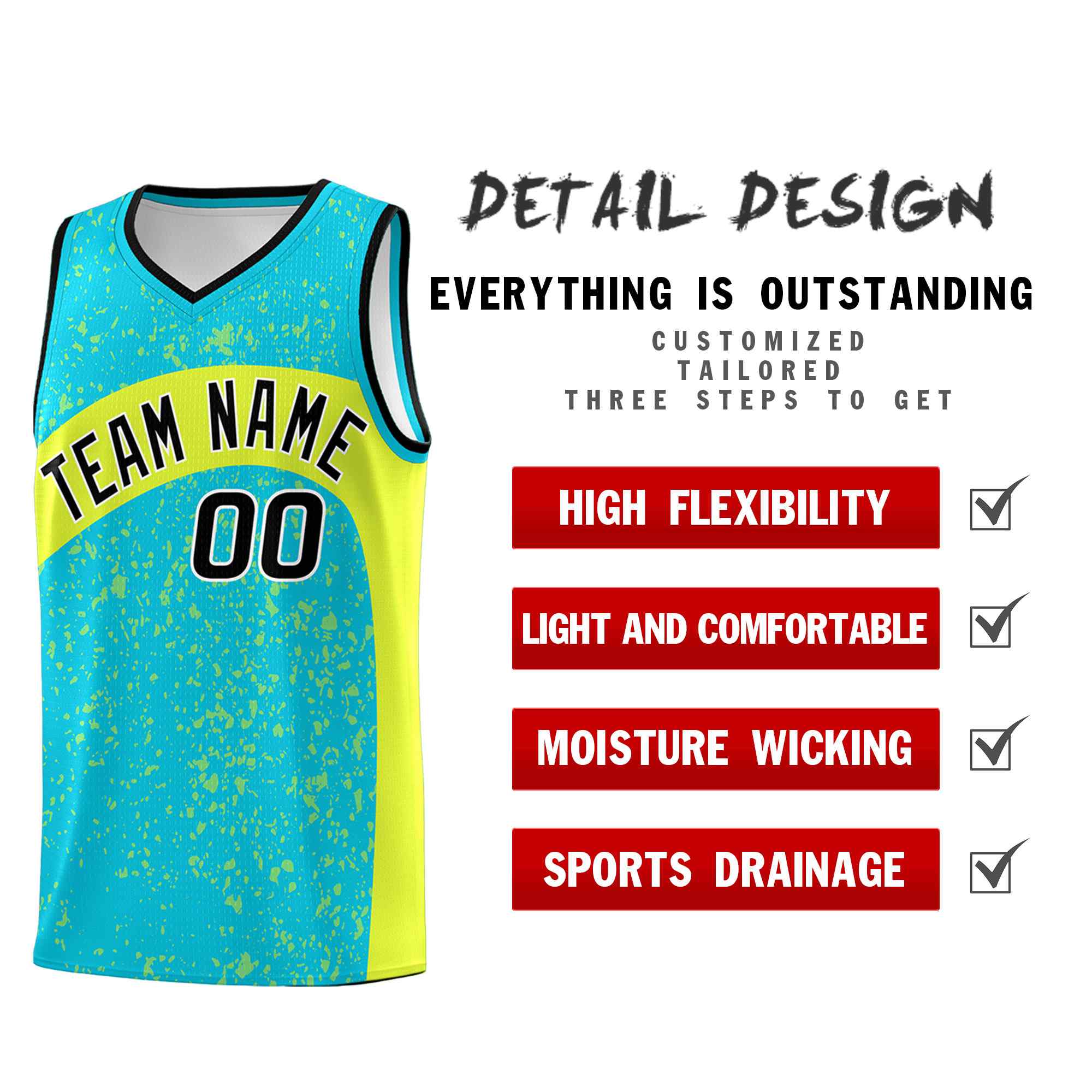 Custom Sky Blue Fluorescent Green Dot Graffiti Pattern Irregular Team Names Sports Uniform Basketball Jersey - Image 3