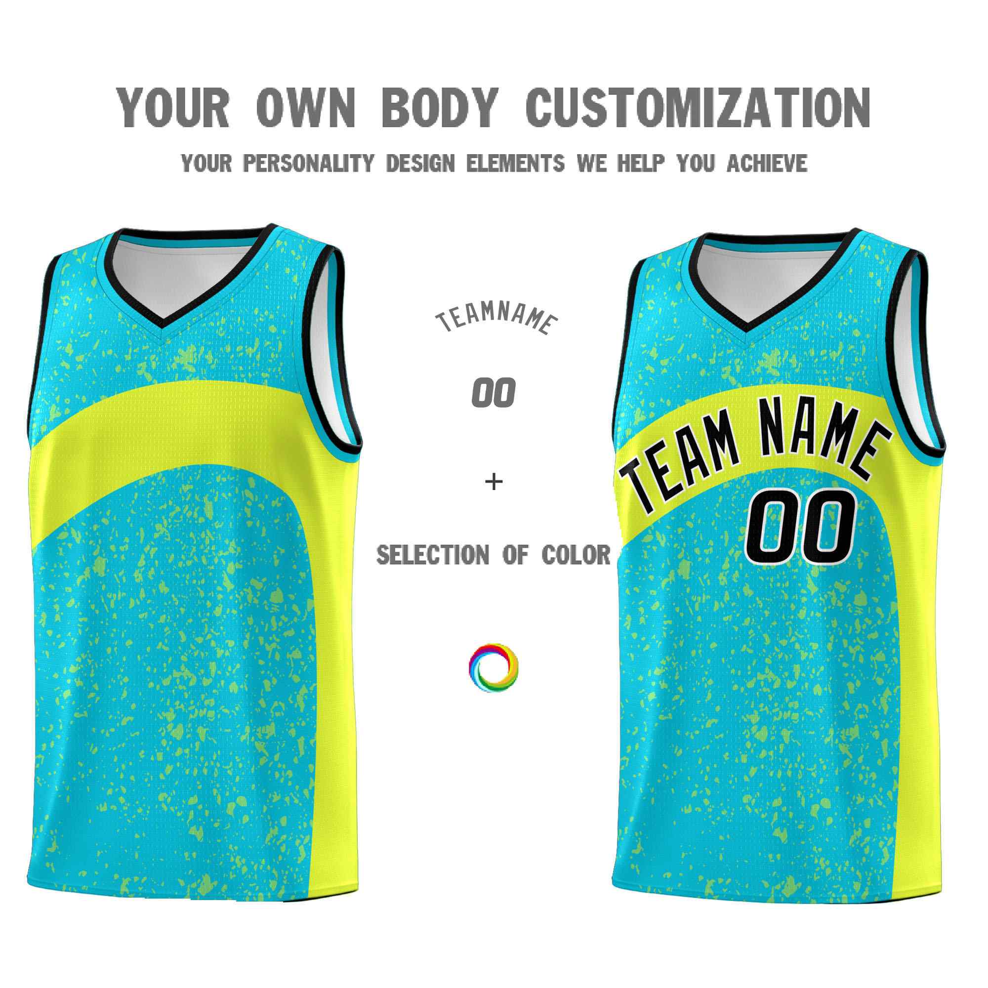 Custom Sky Blue Fluorescent Green Dot Graffiti Pattern Irregular Team Names Sports Uniform Basketball Jersey - Image 4
