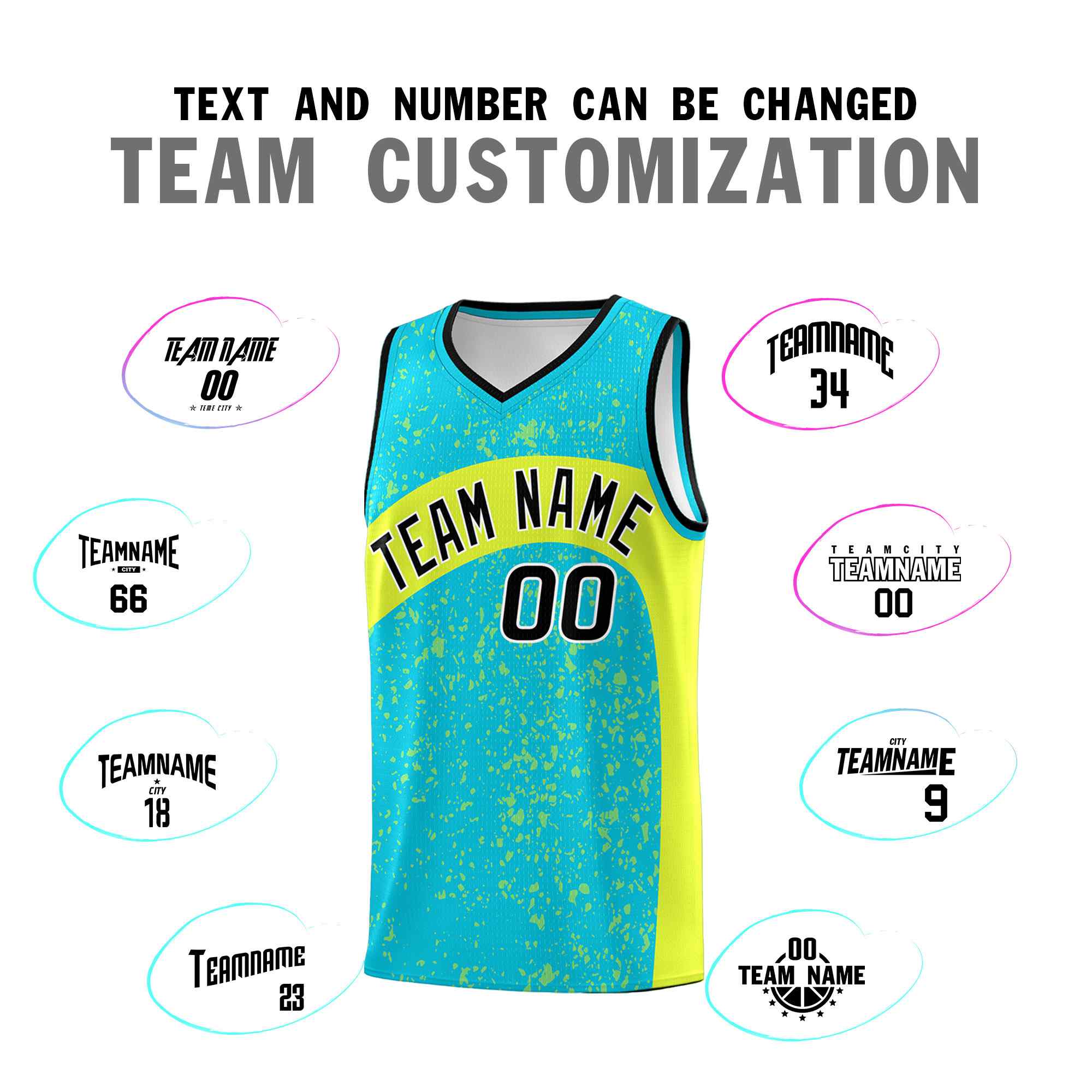Custom Sky Blue Fluorescent Green Dot Graffiti Pattern Irregular Team Names Sports Uniform Basketball Jersey - Image 5