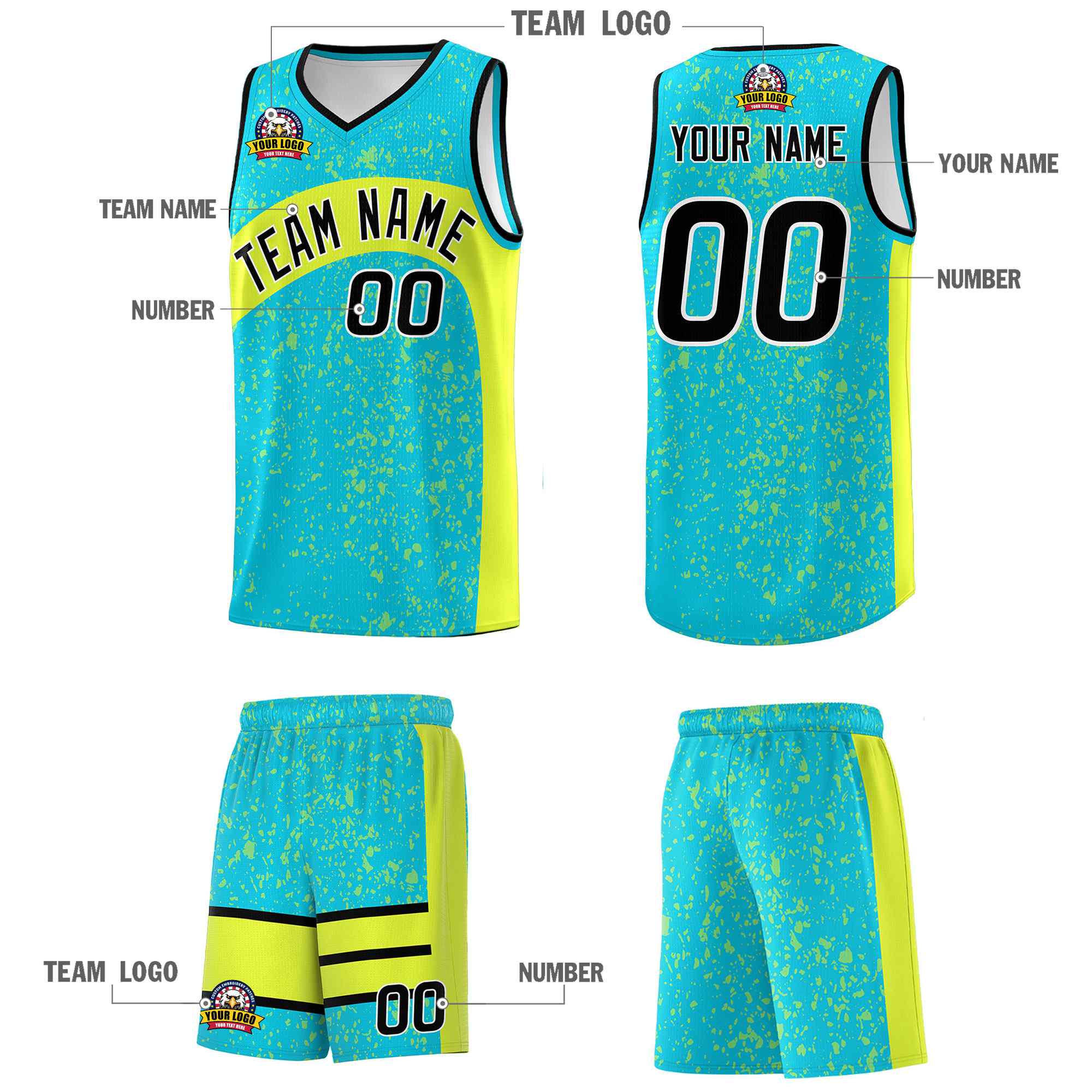 Custom Sky Blue Fluorescent Green Dot Graffiti Pattern Irregular Team Names Sports Uniform Basketball Jersey - Image 6