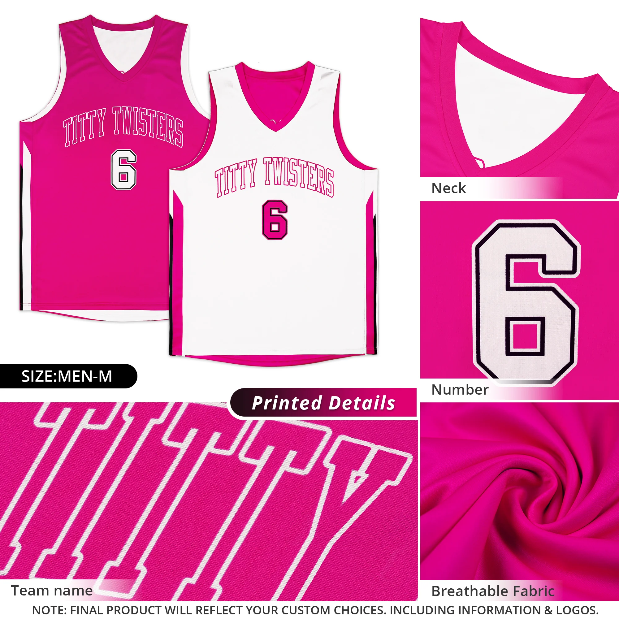 Custom Pink White Double Side Tops Training Fashion Basketball Jersey - Image 5