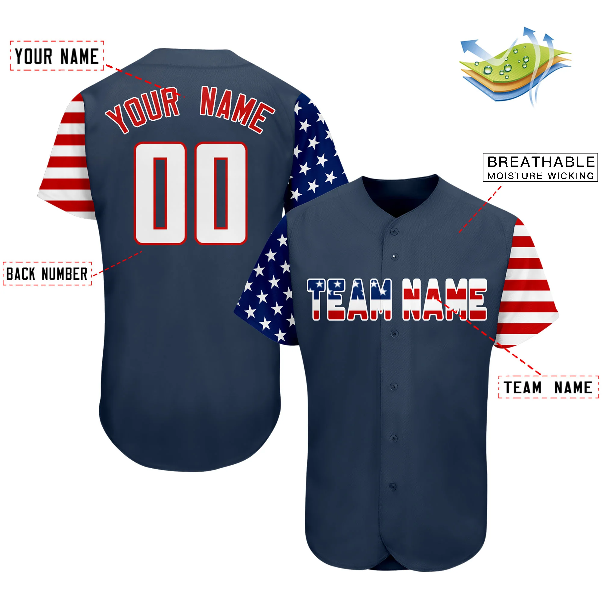 Custom Navy White-Red American Flag Authentic Baseball Jersey - Image 3
