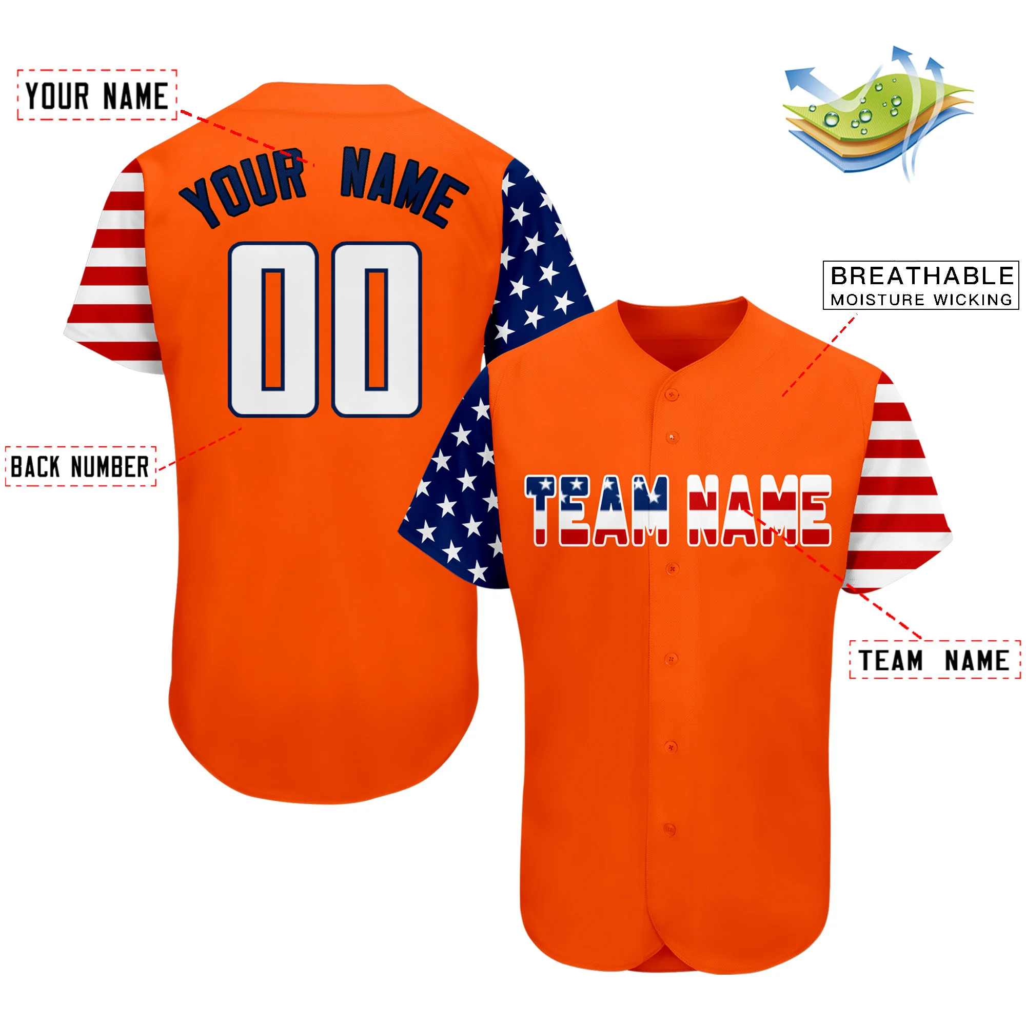 Custom Orange White-Navy American Flag Authentic Baseball Jersey - Image 3